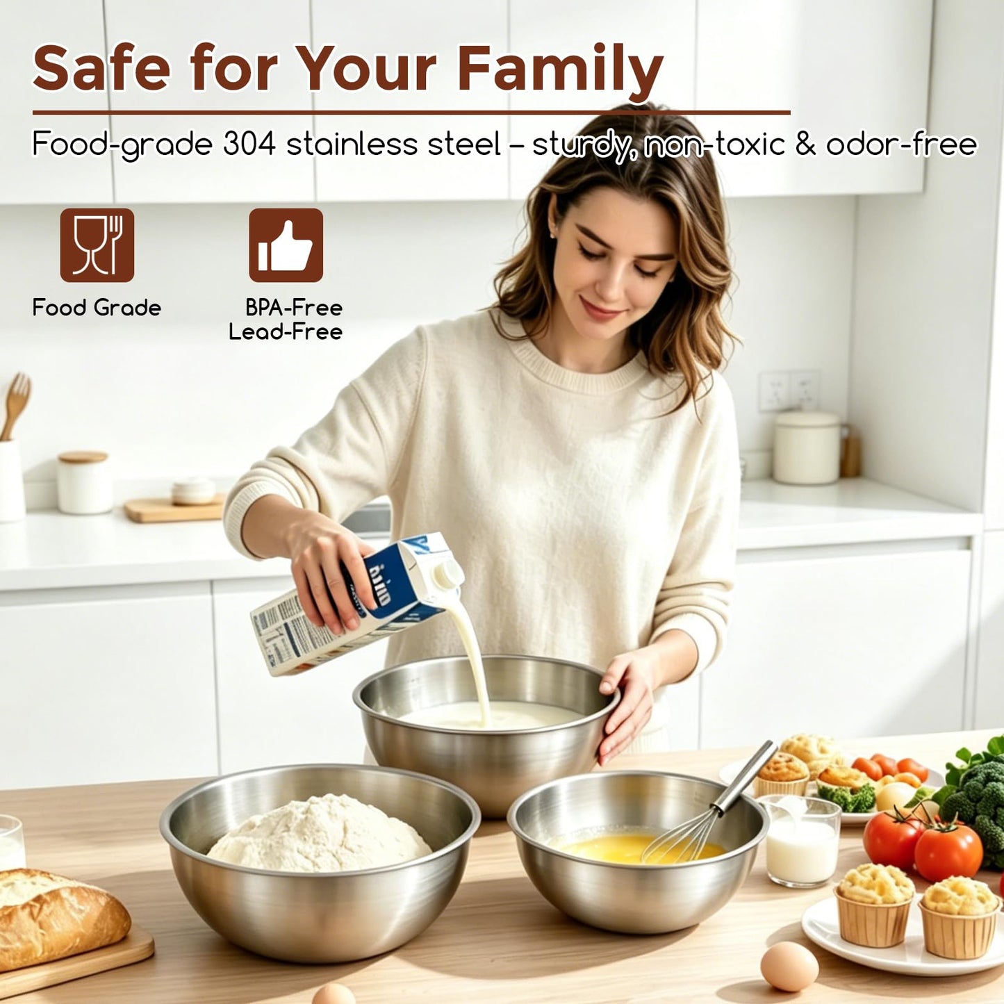 Gronivex 304 Stainless Steel Mixing Bowls, 3-Piece (1.5, 2.2 & 3.4 Qt)