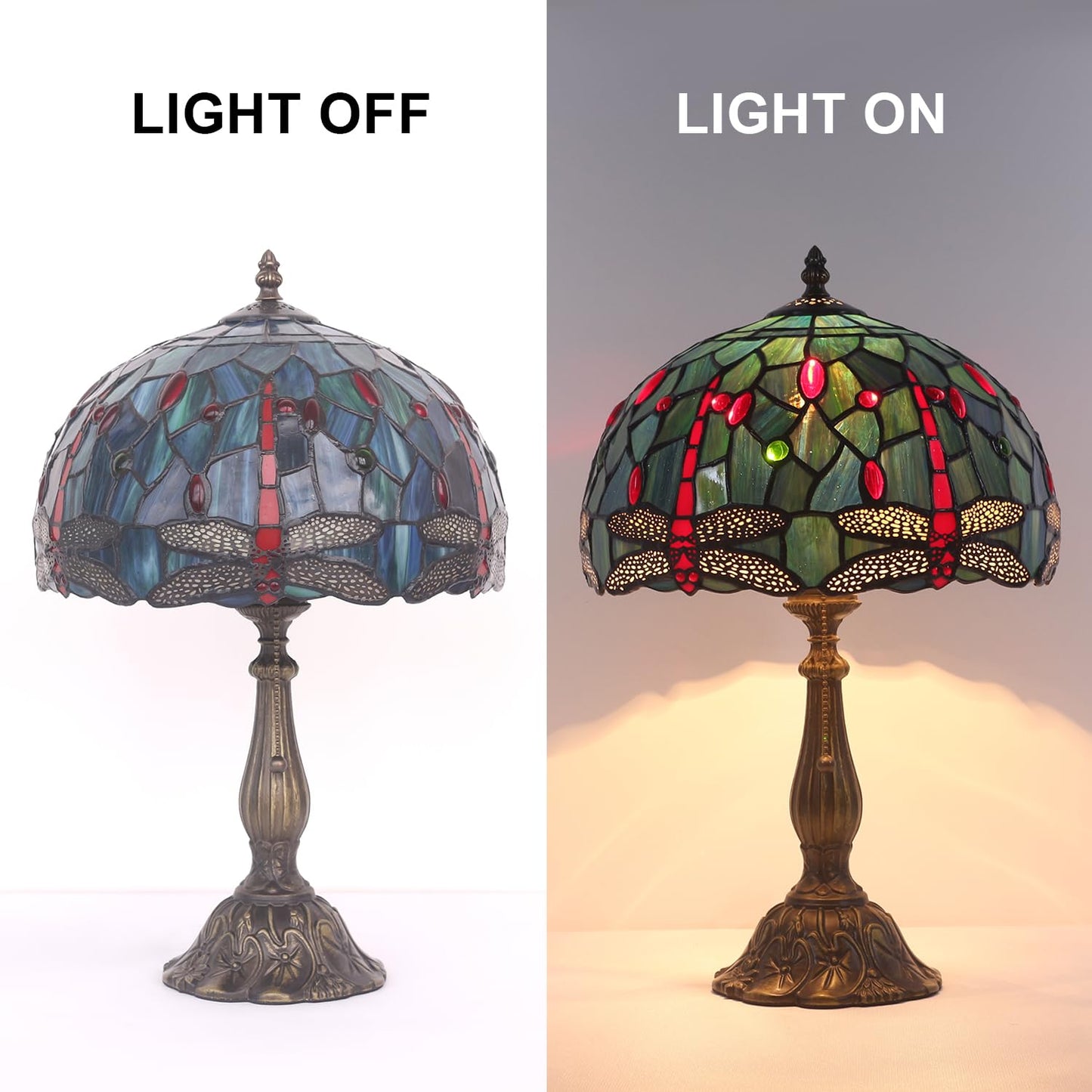 TFNALNB Tiffany Table Lamp Stained Glass Bedside Table Lamp Desk Reading Light 12 Inches Bedroom Living Room Home Office Decor Lamp（Red Dragonfly）