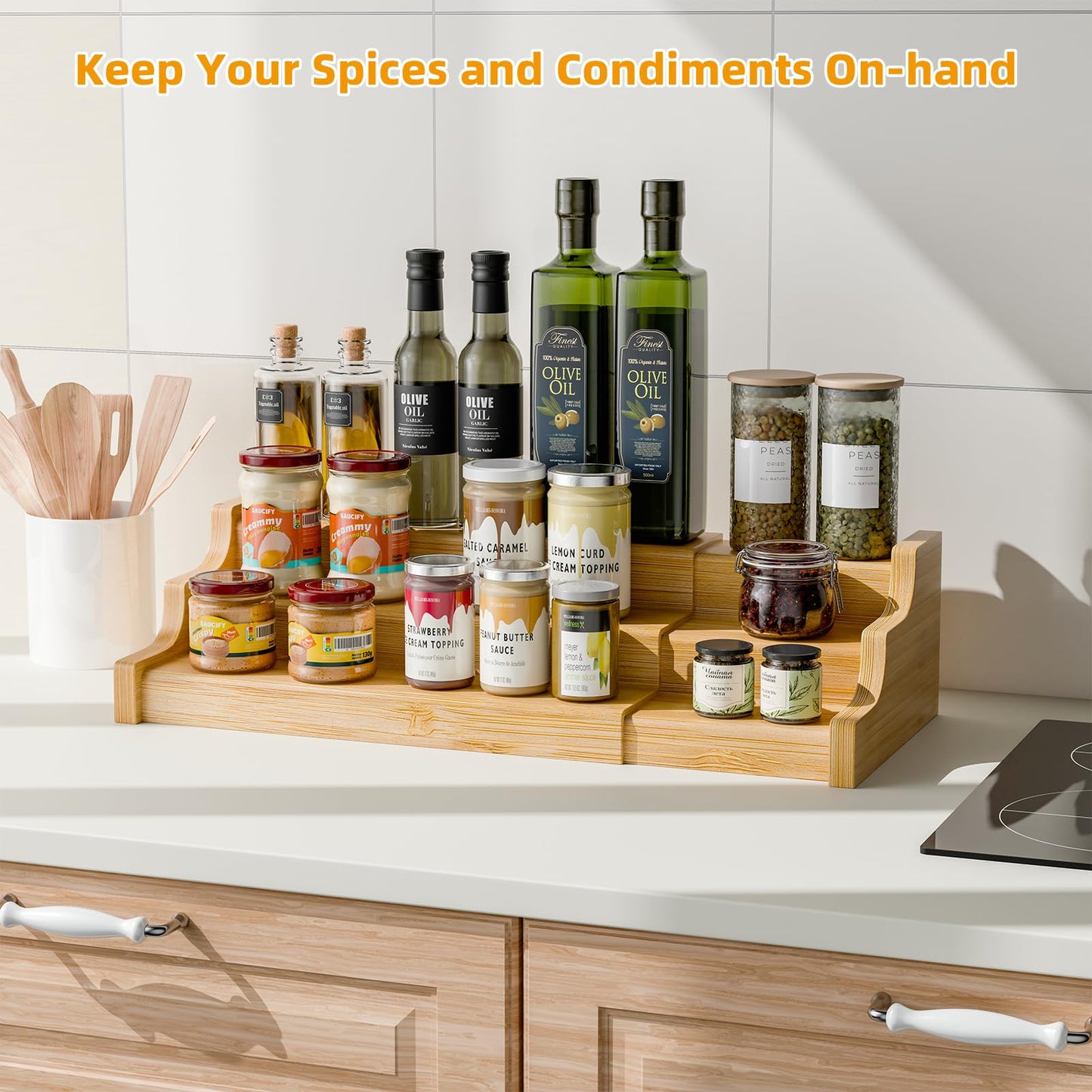 Simple Trending Spice Rack Kitchen Cabinet Organizer, 3 Tier Bamboo Expandable Spice Storage, Display Shelf for Cupboard, Pantry, Yellow