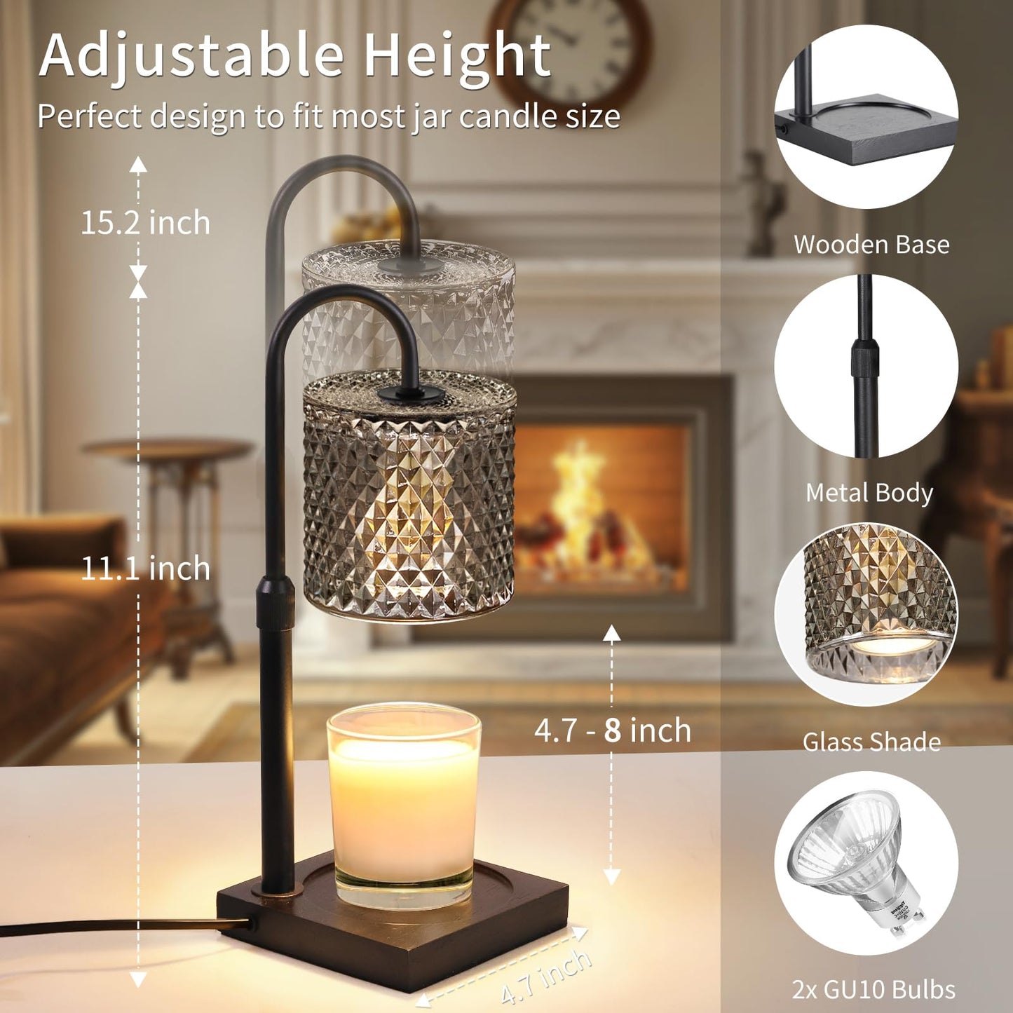 YAYIT Candle Warmer Lamp with Timer Dimmer Adjustable Height, Candle Warmer with 2 Bulbs for Jar Candles, Home Decor, for Women Birthday
