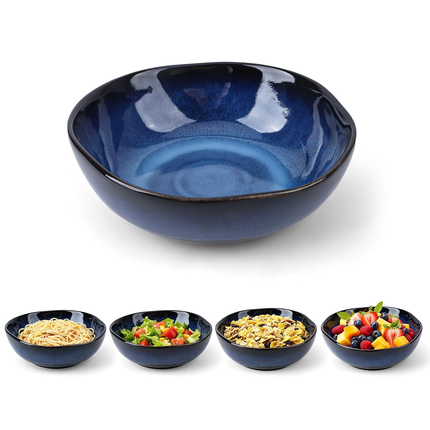 YIK TUNG 47Oz Large Ceramic Salad Bowls,8.9" Round Serving Bowl with Blue Vertical Stripe Design for Serving Pasta,Soup, Cereals,Fruit, Chips, and More, Microwave & Dishwasher Safe