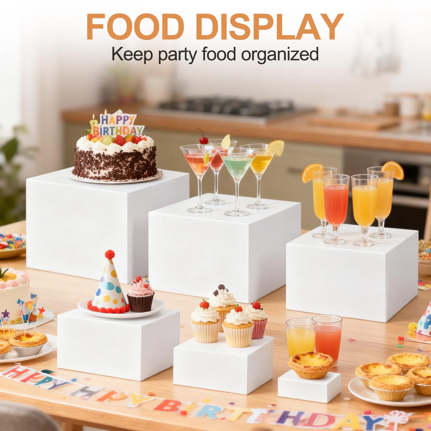 6 Pcs Acrylic Buffet Risers, 3x4x5x6x7x8 Inch Food Risers for Buffet Table, Catering Dessert Cake Holder for Party, Collectibles Jewelry Display Shelf, Stackable Cube Boxes Display with Hollow Bottoms