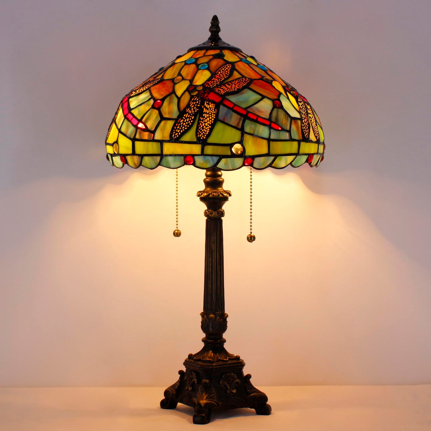 L-Juicwe Tiffany Table Lamp Green Red Stained Glass Desk Lamp 12X12X21 Inches Dragonfly Style Reading Light