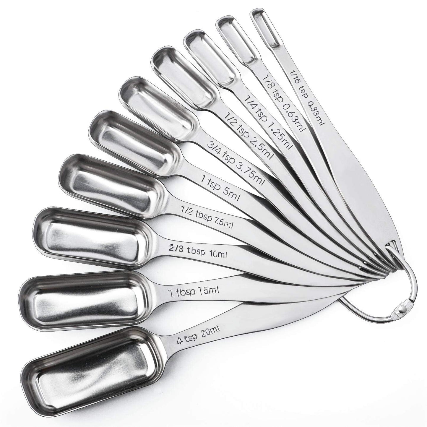 FANGSUN Narrow Measuring Spoons Set of 10, Heavy-Duty Stainless Steel Measuring Spoons with Long Handles & Engraved Measurements, Fits in Spice Jars, for Baking & Cooking