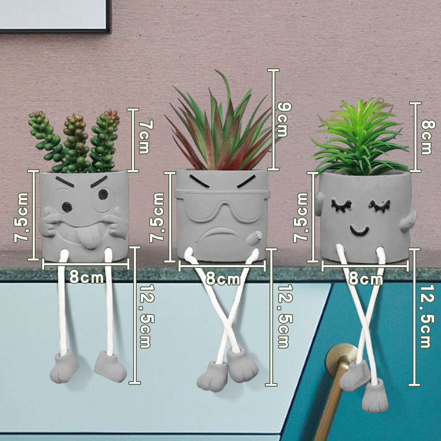 Zerzsy 3pcs Creative Artificial Succulents with Gray Flower Pots Bundle with 2PCS Cute Artificial Succulent Plants with Creative Human Shaped Pots