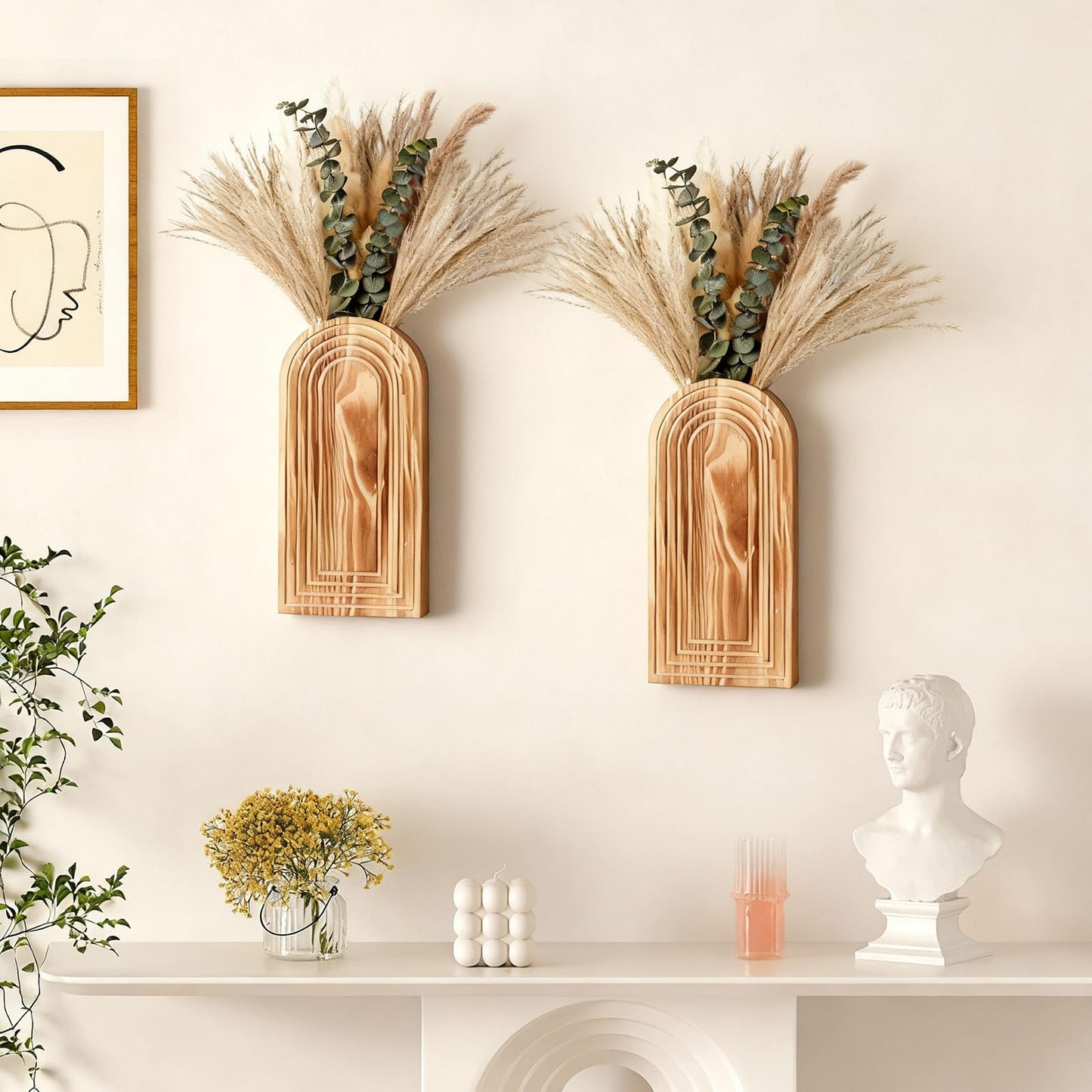Wooden Wall Vase Set of 2 with Dried Pampas Grass & Eucalyptus – Boho Farmhouse Wall Decor for Living Room, Bathroom, Entryway or Hallway, Rustic Modern Wooden Wall Art