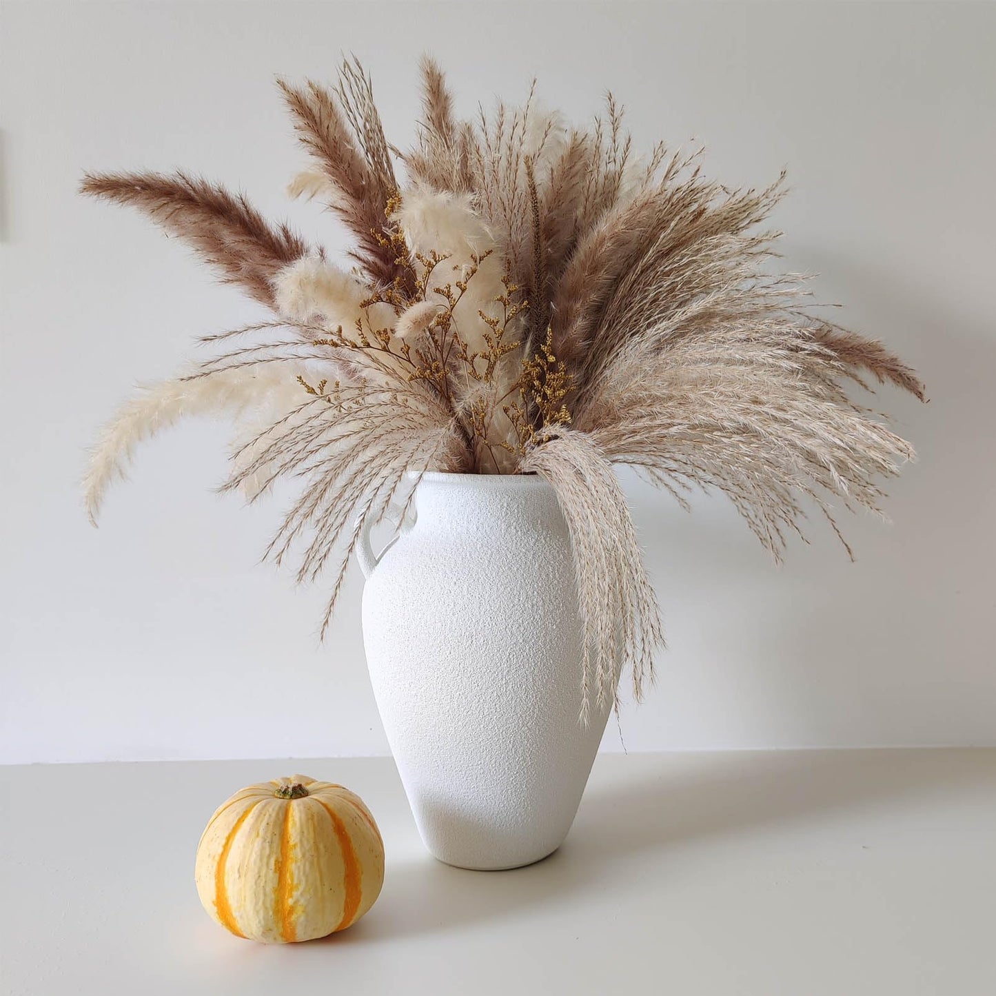White Ceramic Pottery Barn Vase with Handles - 10" Large Decorative Terracotta Vase for Pampas Grass, Rustic Farmhouse Boho Vases for Home Decor, Living Room, Mantel, Table, Shelf