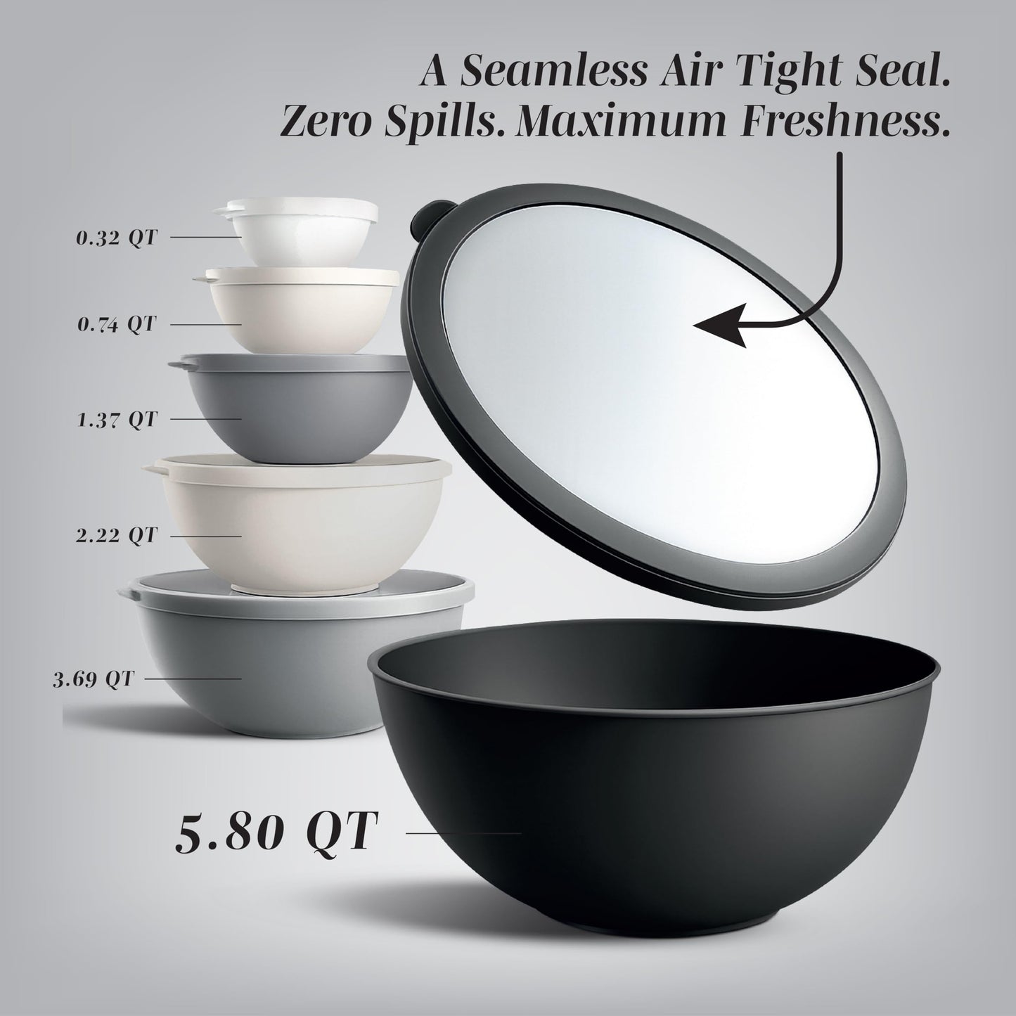 COOK WITH COLOR Mixing Bowls with TPR Lids - 12 Piece Plastic Nesting Set includes 6 Prep and Lids, Microwave Safe Bowl (Black Ombre)