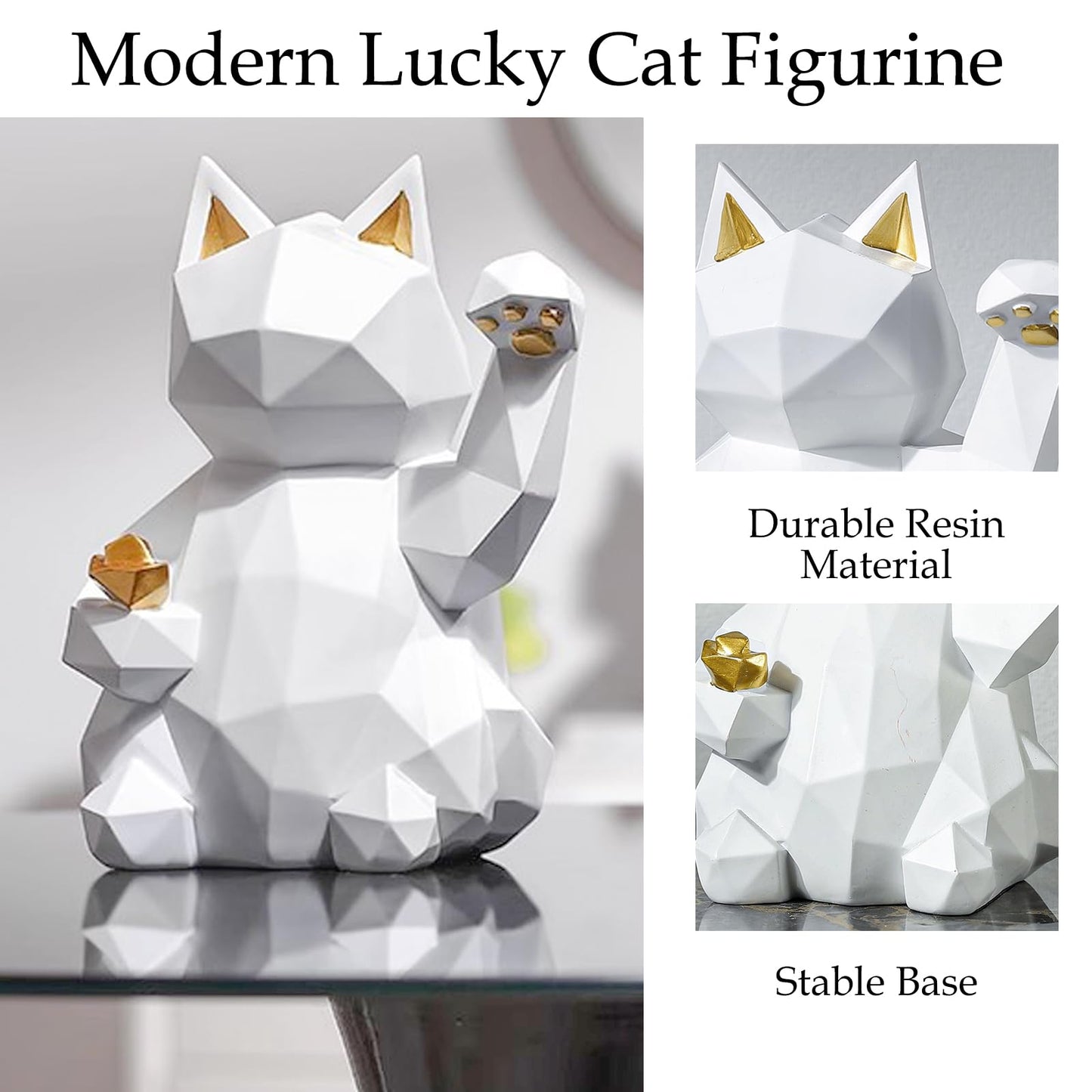Milnnie Geometric Lucky Cat Figurine 4"x5"x6" – Resin Maneki Neko Feng Shui Decor, Modern Fortune Cat Sculpture for Living Room, Office, Desktop, Bar Cabinet (White)