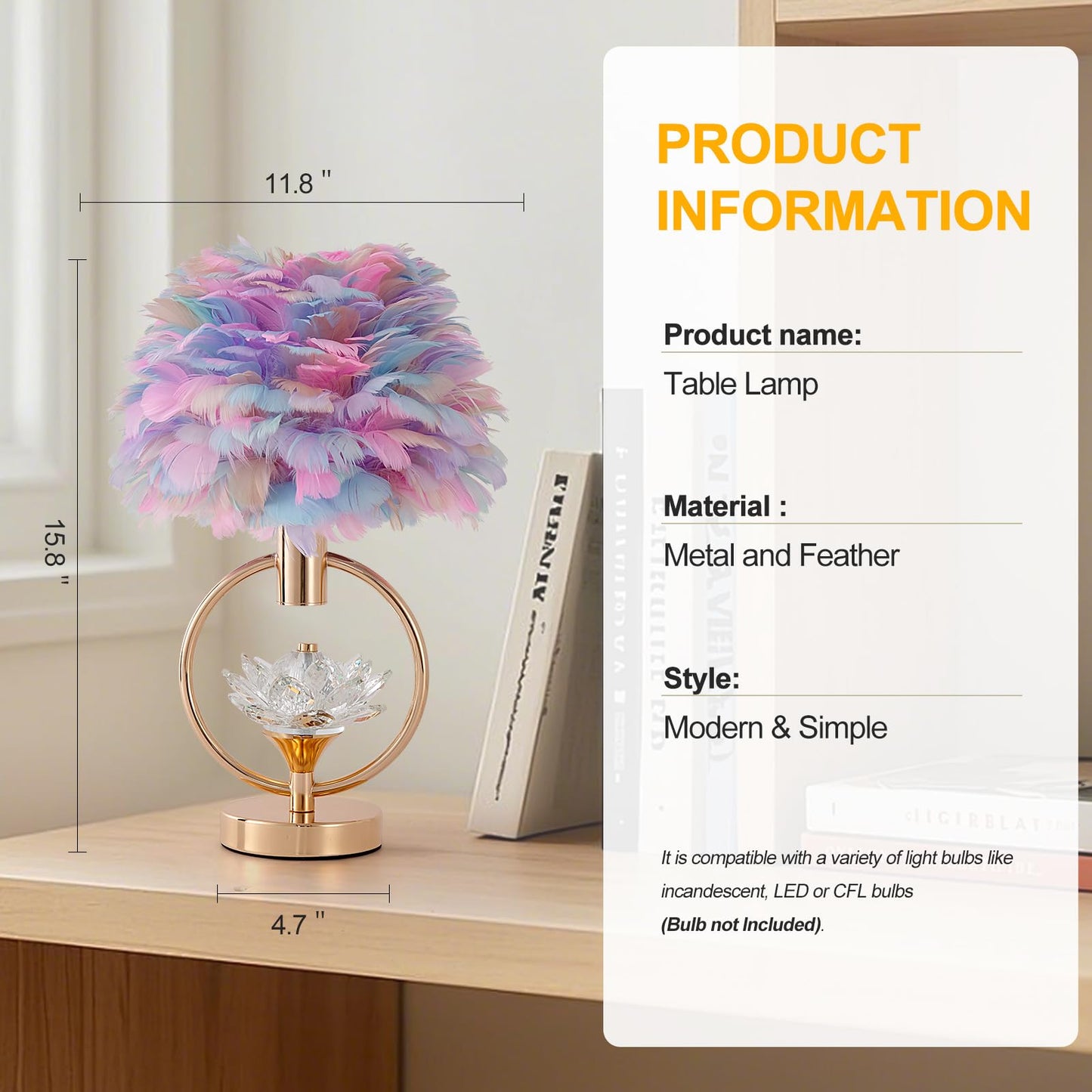ZYLEISENBAO Colorful Feather Lamp 17IN Unique Crystal Feather Bedside Nightstand Lamp Nordic Romantic Desk Light Fluffy Table Lamp for Girl Bedroom Wedding Christmas Gift Deco Living Room Entry