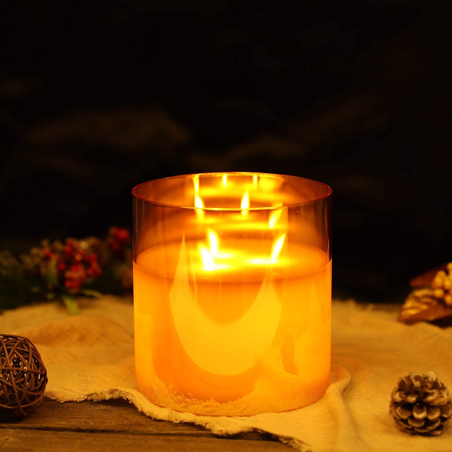 JHY DESIGN Large Moving 3 Wicks Battery Candle with 6-Hour Timer Function 6“ Dia Flameless Candle Battery Powered, Simulation 3D Glass LED Candle for Party Home Xmas Festivel Table Bar(Gold)