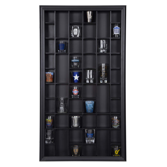 Gallery Solutions - Black Wall-Mounted - Curio & Shot Glass Display Case - 17"x32" Glass Door - Bar Accessories - Collectible - Miniature Glassware - Bar Accessories