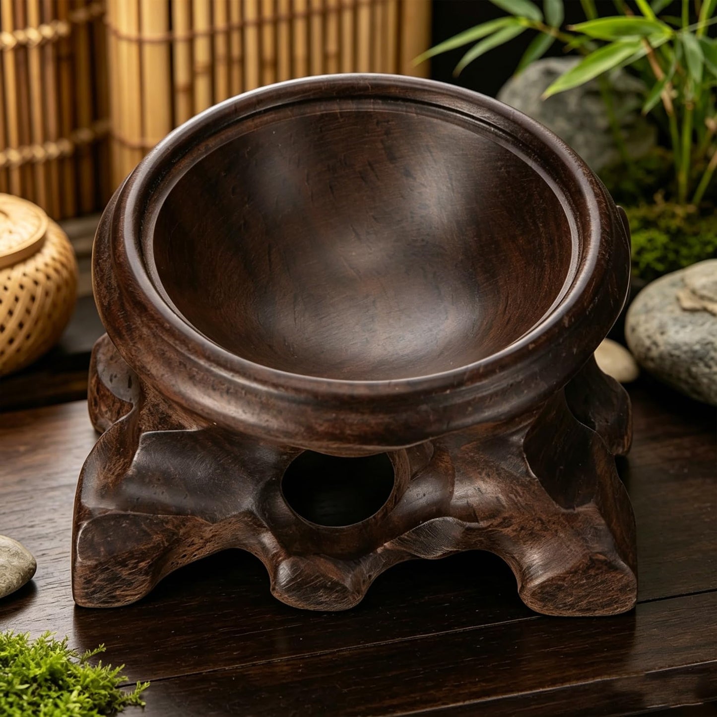 2.16" Hand Carved Solid Wood Crystal Ball Stand, 20% Thickened Heavy Duty Sphere Display Holder, Anti-Slip Integrated Stable Pedestal for 40-80mm Mineral Stone, Home Office Desktop Photography Decor
