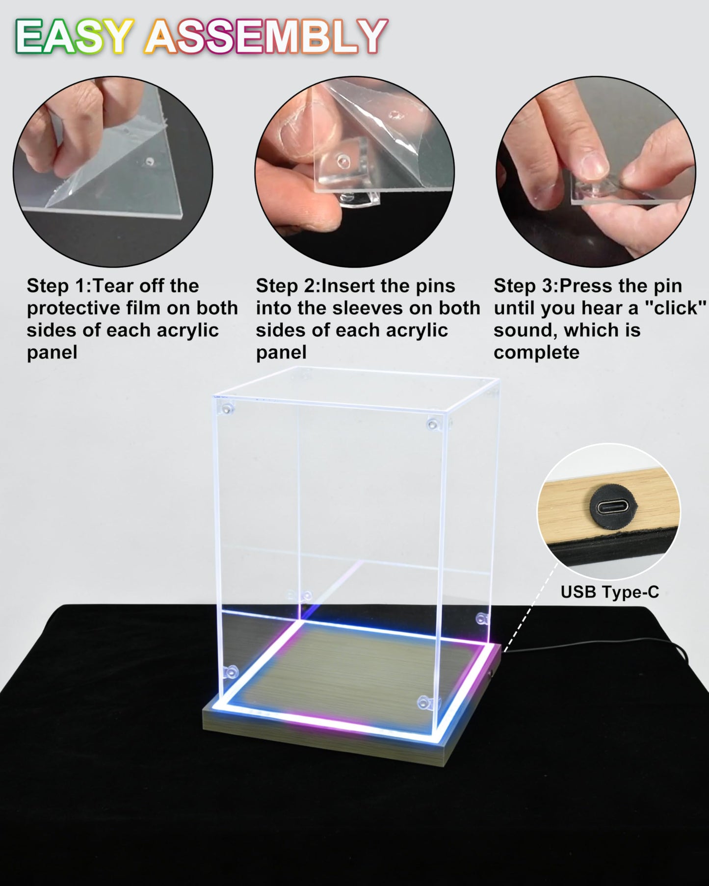 POKIAUTO Clear Acrylic Display Case with RGB Lights, Acrylic Storage Organizers Box Dustproof Showcase on Wooden Base for Toys/Figures/Collectibles, APP & Button Control, Music Sync (15.7x7.8x5.9in)