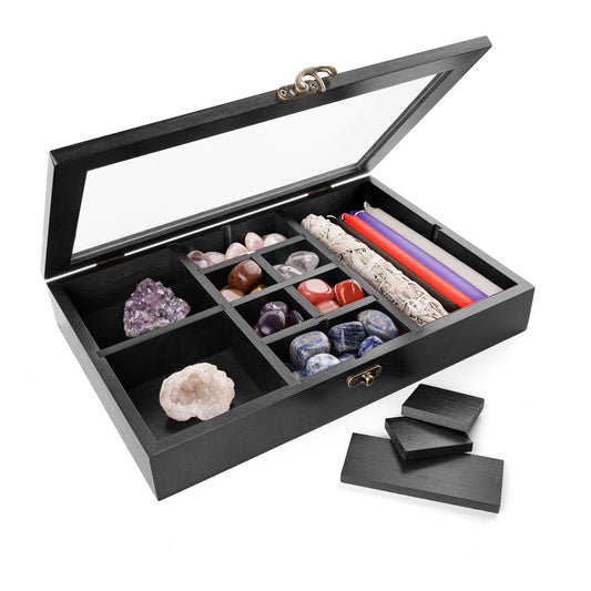 Mooncraftlogy Adjustable Rock Display Case, Crystal Collection Box with Shelves, Wood Witchy Stones Organizer Storage,Gem Holder with Lid for Seashell, Collectibles, Wiccan Gift for Women (Black)