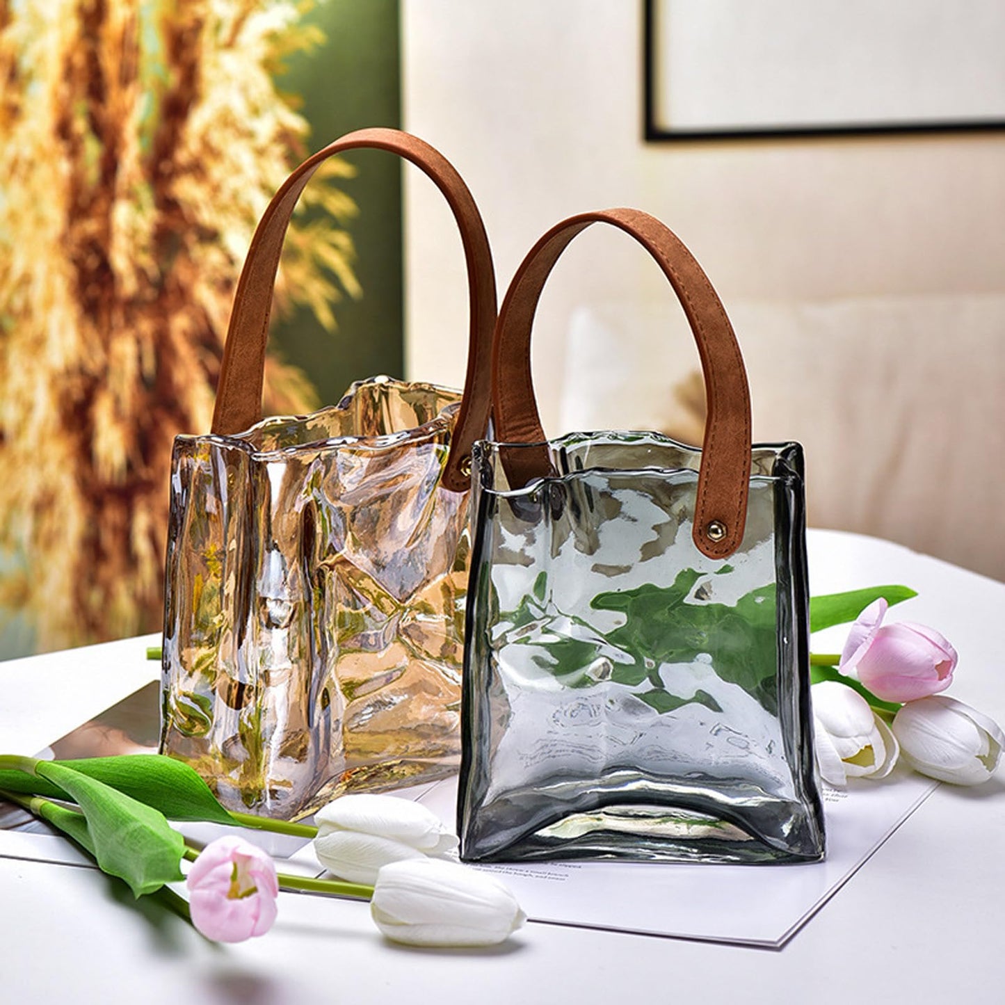 Handmade Leather - Handle Handbag - Style Glass Vase - Simple Elegance for Your Space(Amber)