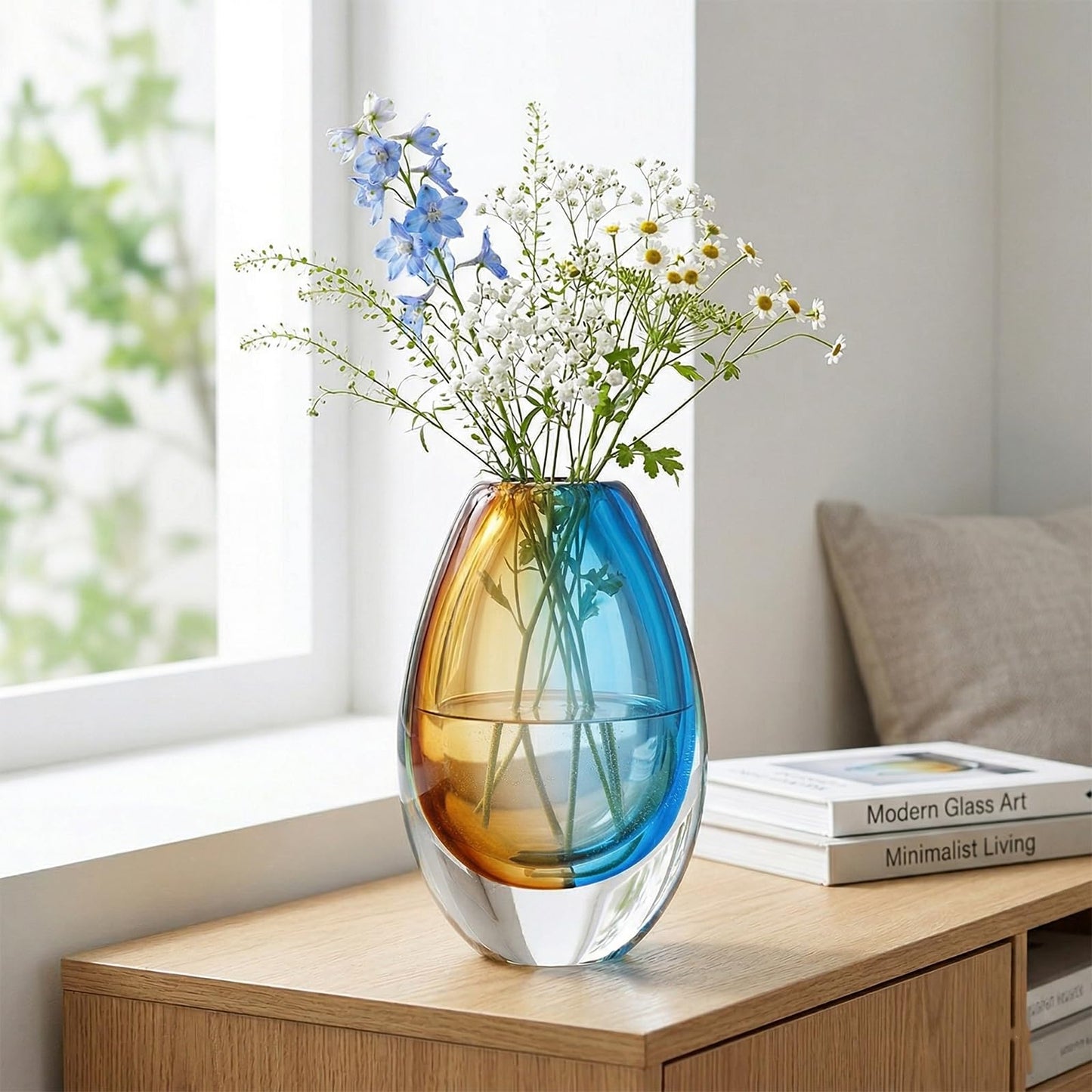 Hand Blown Art Glass Vase, Murano Inspired vase, Amber Blue Decorative Accent with Oval Silhouette for Dining Table, Entryway, Shelf or Mantel Display