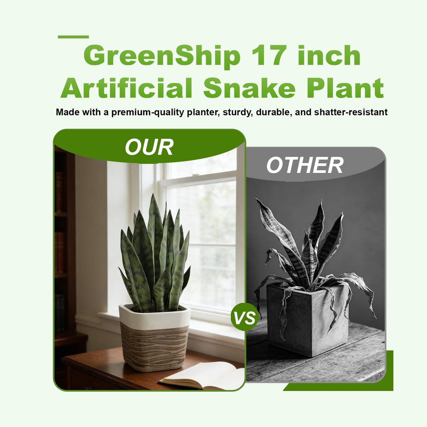 GreenShip 17 inch Artificial Snake Plant with Decorative Two-Tone Pot