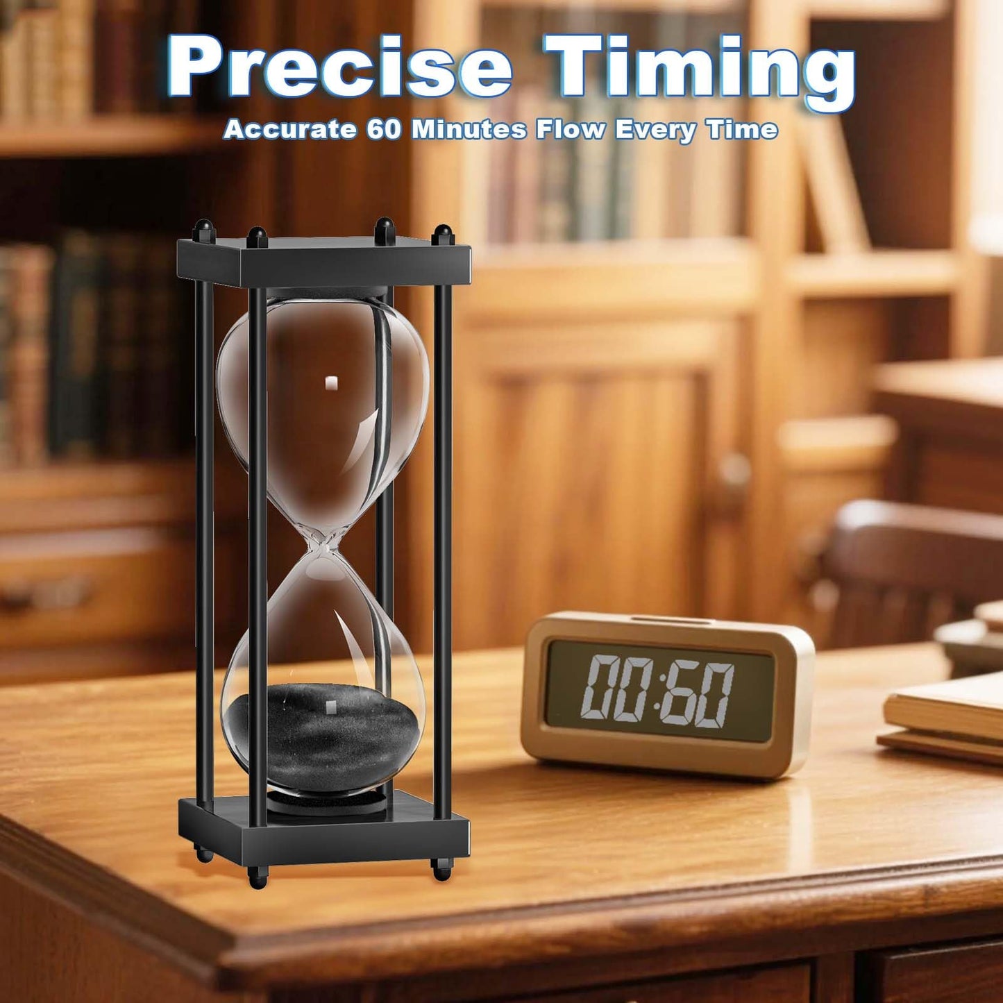 60 Minutes Sand Hourglasses: Black Wooden Sand Timer Clock, Reloj De Arena 1 Hora, SandWatch 60 Min, 1 Hour Sandglass for Home Office Desk Decorative (Black)