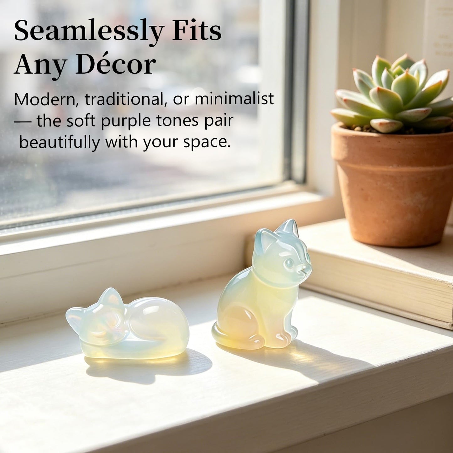 LIDSCURA 2 PCS Blue Opal Moonstone Cat Figurines Set, Sitting & Lying Crystal Cat Statues, Natural Stone Home Office Desk Decor, Gift for Cat Lovers (Includes Gift Box)
