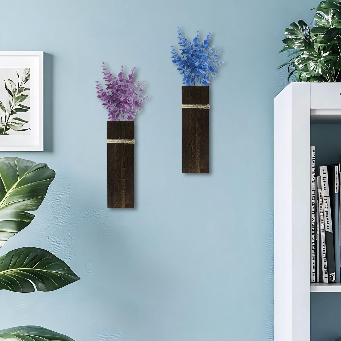 TYLCC Wall Planters for Indoor Plants Set of 2, Rustic Boho Wood Wall Vases for Dried Flowers & Artificial Plants, Modern Farmhouse Home Decor for Living Room Bedroom Kitchen Dining Room - Dark Brown