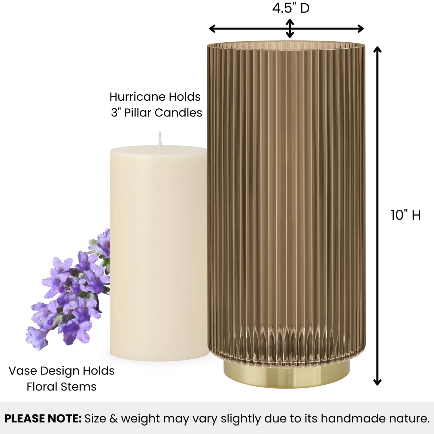 Torre & Tagus 10" Ribbed Brown Glass Vase for Flowers & Candle Hurricane