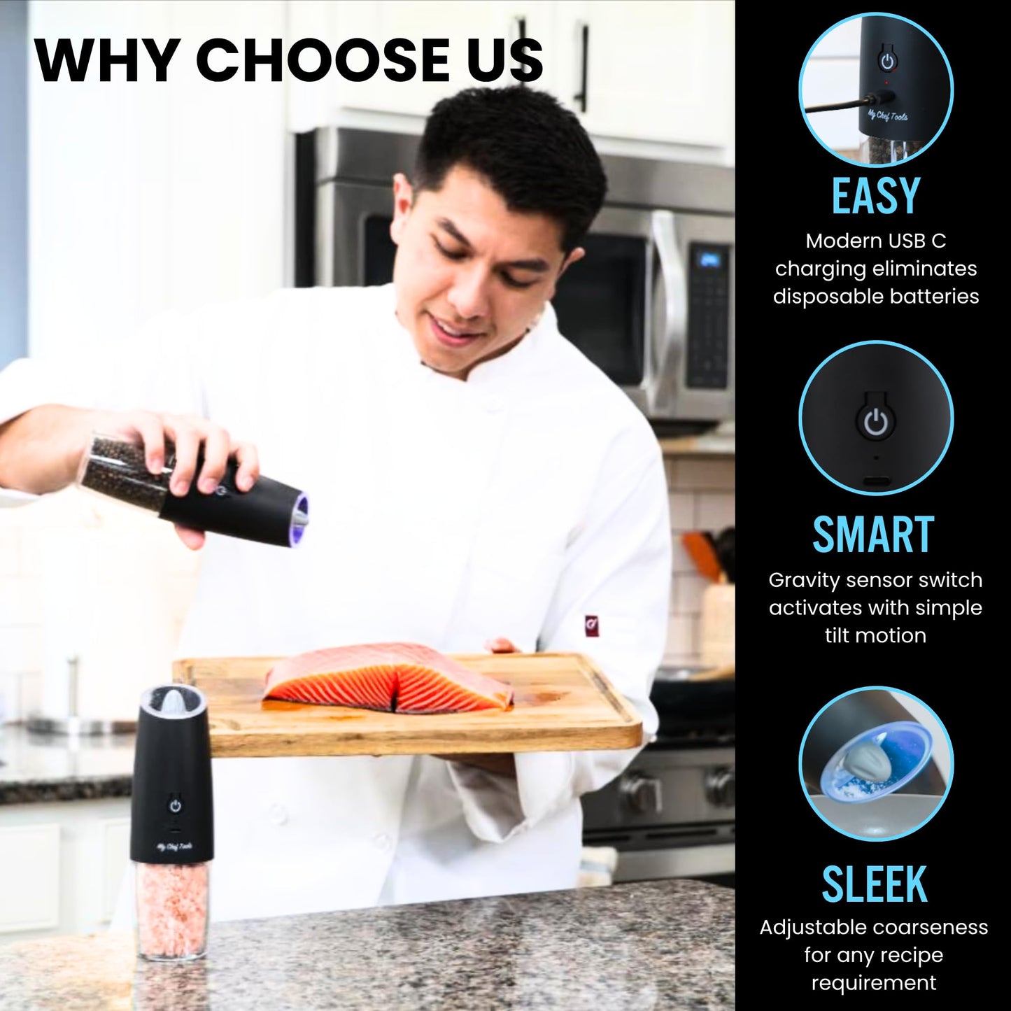 My Chef Tools - Electric Salt and Pepper Grinder Set - Rechargeable Automatic Salt Pepper Mill - USB C Charging - LED Light Illumination - Adjustable Coarseness - 2 Pack Black
