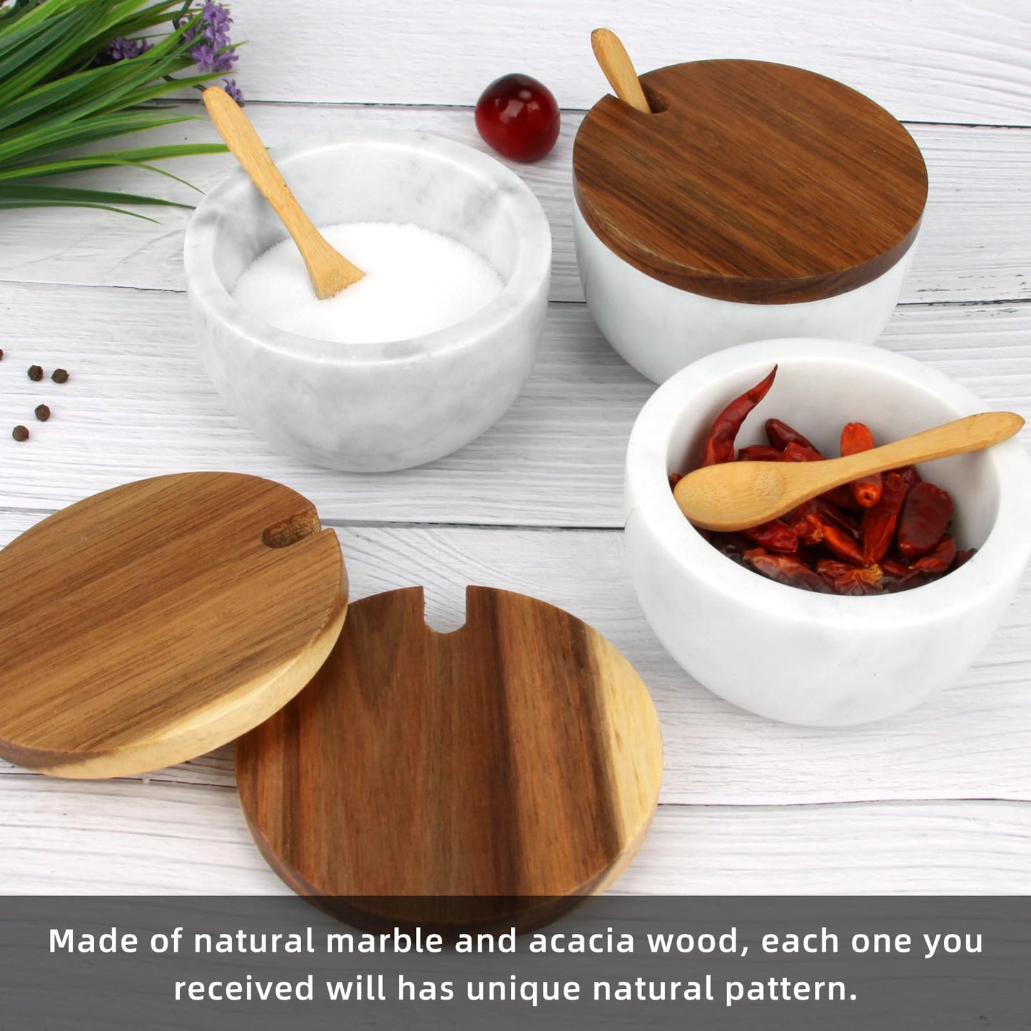 HESHIBI Salt Cellar Box with Lid & Spoon, Modern White Stone Salt or Pepper Sugar Spice Seasoning Bowl Container Jar Holder Well Keeper Dish Pig Crock for Kitchen (White Grey Marble Bowl)