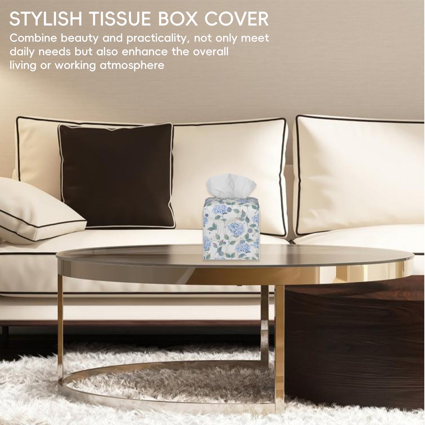 OHEGBXE Contemporary Floral Tissue Box Cover Holder Cube Facial Paper Organizer Dispenser, Abstract Hydrangea Flower, Square, PVC Leather, 5.2"L x 5.2"W x 5.2"H