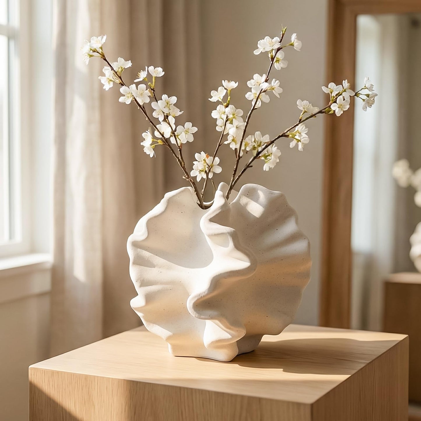 Cedilis Off White Ceramic Flower Vase, 6 Inch Decorative Aesthetic Pampas Grass Textured Vase for Table, Shelf, Mantel, Entryway, Modern Home Decor, Coral-Like