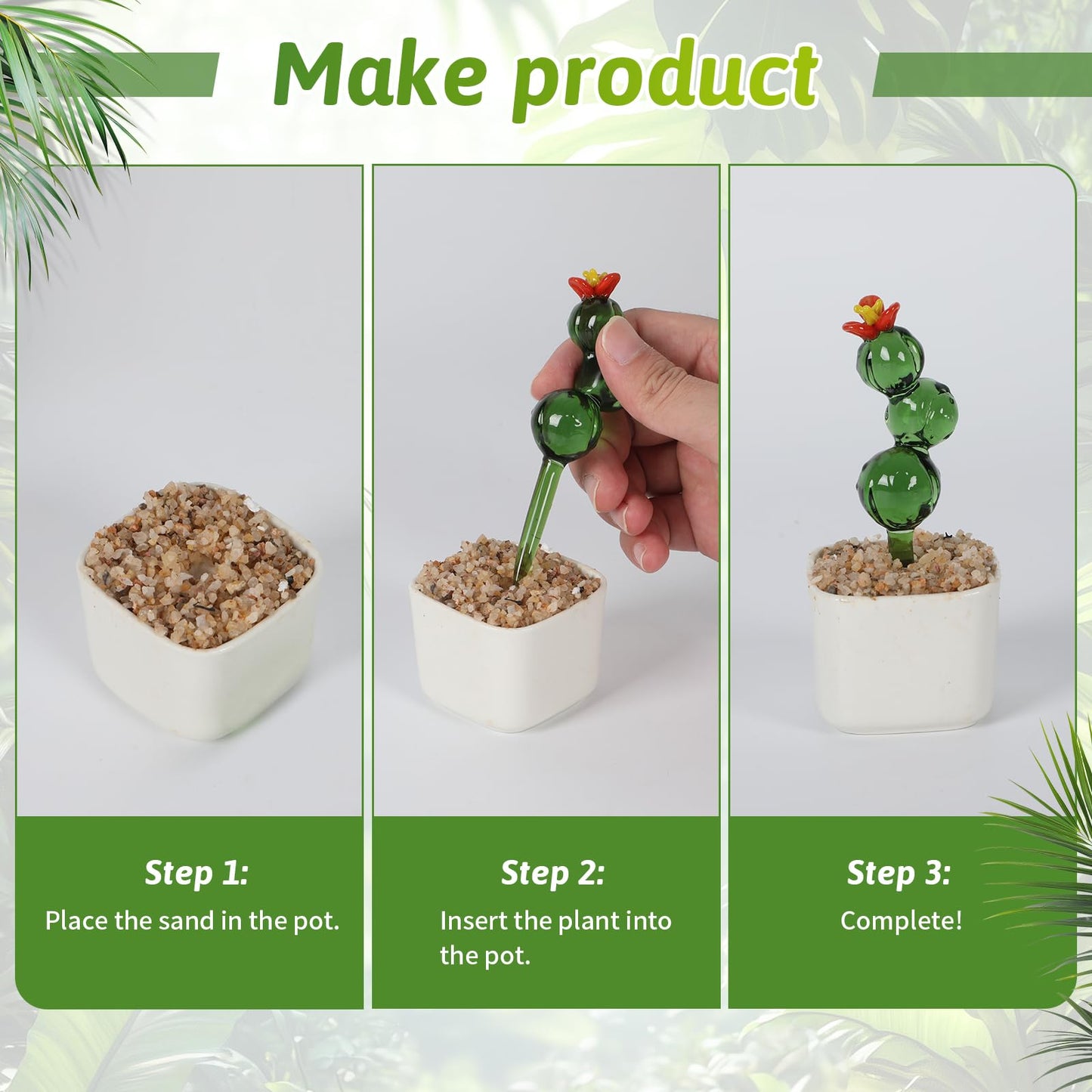 2PCS Decorative Glass Cactus Figurine in White Ceramic Pot, Cactus Desk Accessories, Plant Bonsai Figurine Decoration, Cactus Decor Use for Living Room, Balcony, Desk, Idea Gift for Succulent Lovers