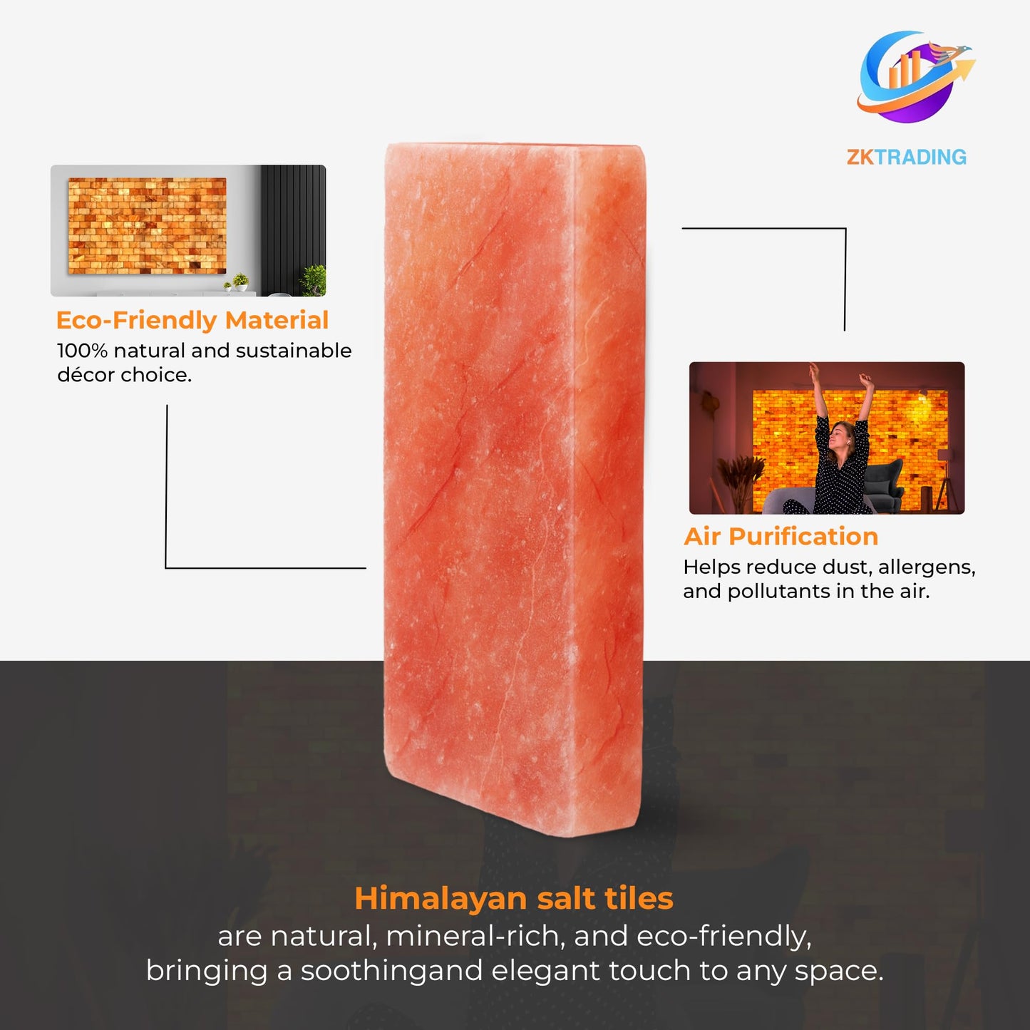 ZK Pack of 6 Himalayan Salt Tiles 8"x4"x1" – Natural Pink Salt Bricks for Sauna Walls, Salt Blocks of 2.5 lbs for Spa Rooms, Backlit Salt Walls & DIY Wellness Décor