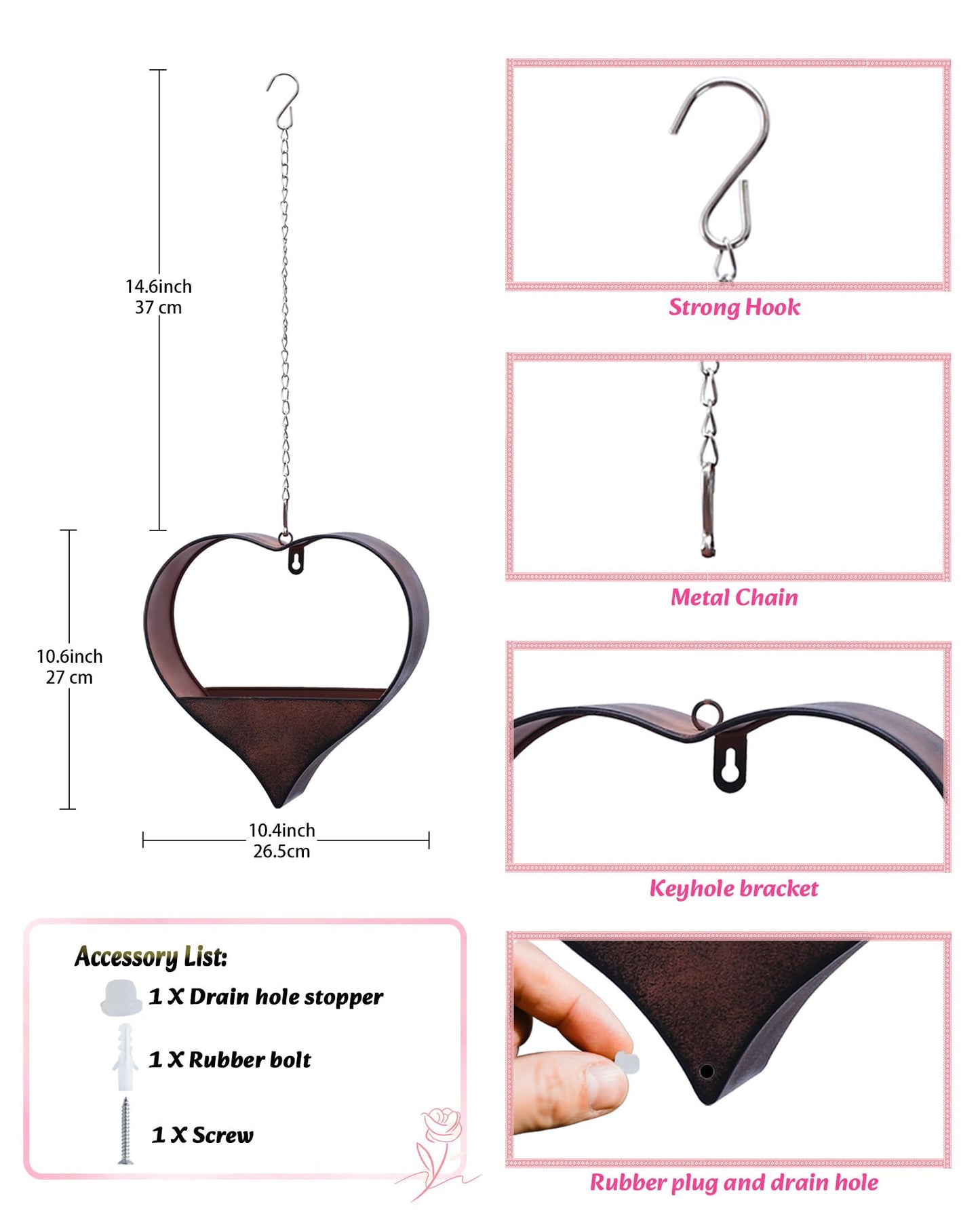 Philodwell Metal Plant Hangers Indoor and Outdoor:Birthday Gifts for Mom Women Her Wife Garden Lovers - Heart Shape Hanging Planters for Window Wall Living Room Office Decor(Rustic)