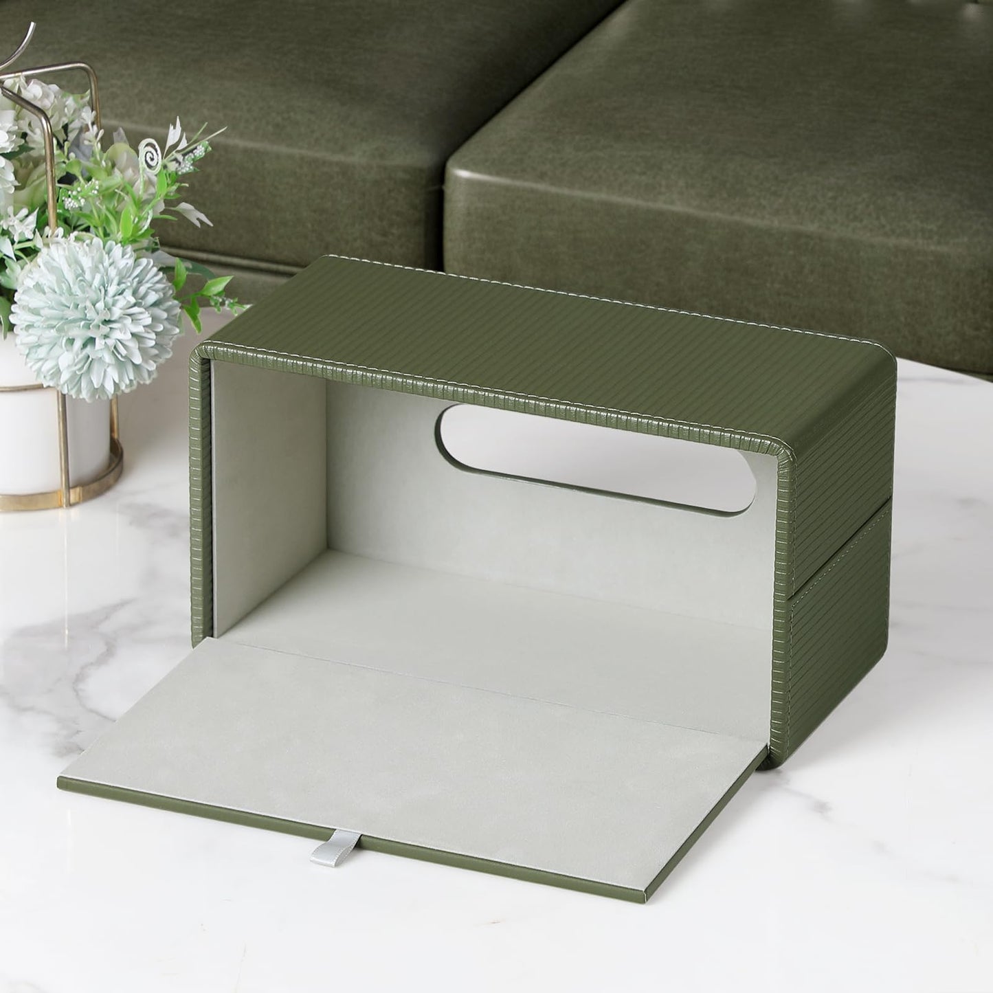 Cretkhp PU Leather Tissue Box Cover Rectangle with Magnetic Closure, Modern Tissue Box Holder for Bathroom NightStands Livingroom, Decorative Tissue Holder for 120(3-Ply)/160(2-Ply) Tissue Box (Green)