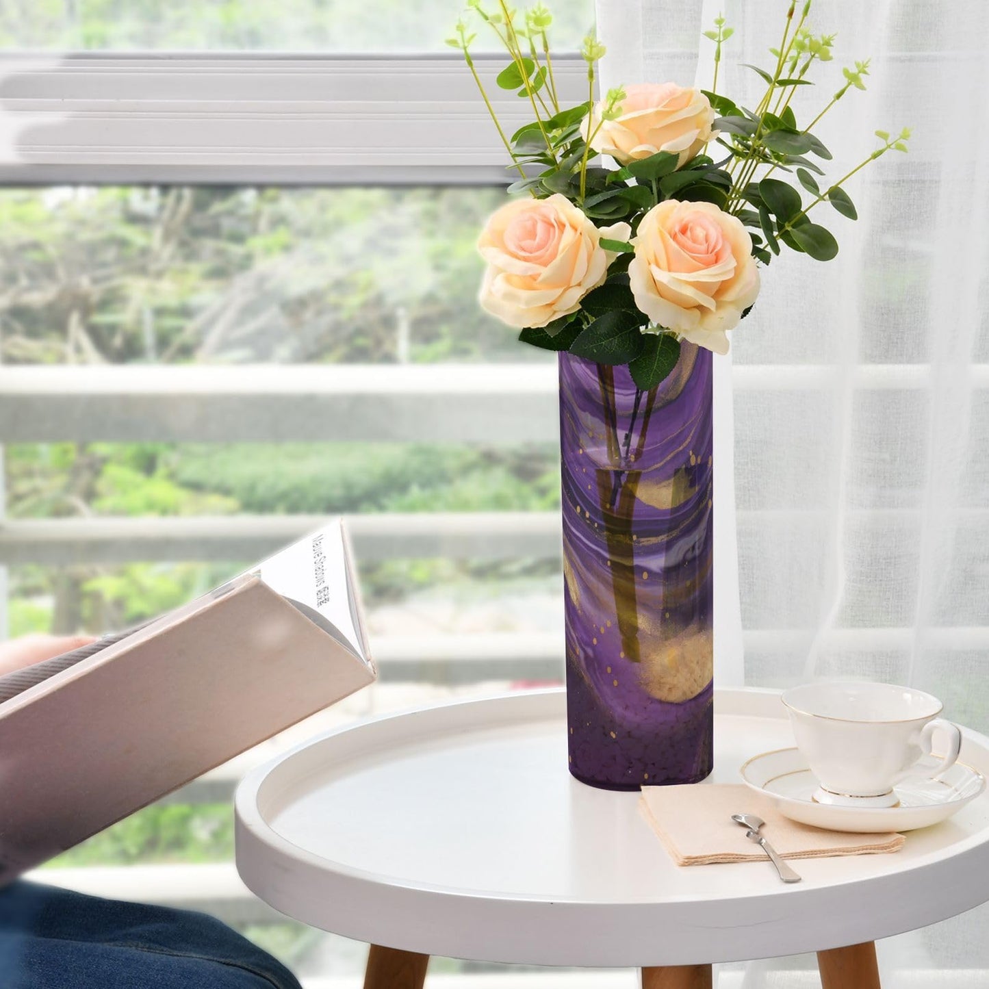 Msyxl Purple Gold Marble Flower Vase 3.9x11.8 in Table Centerpiece Plastic Vase Tabletop Display Bouquet Holder for Home and Wedding Decoration