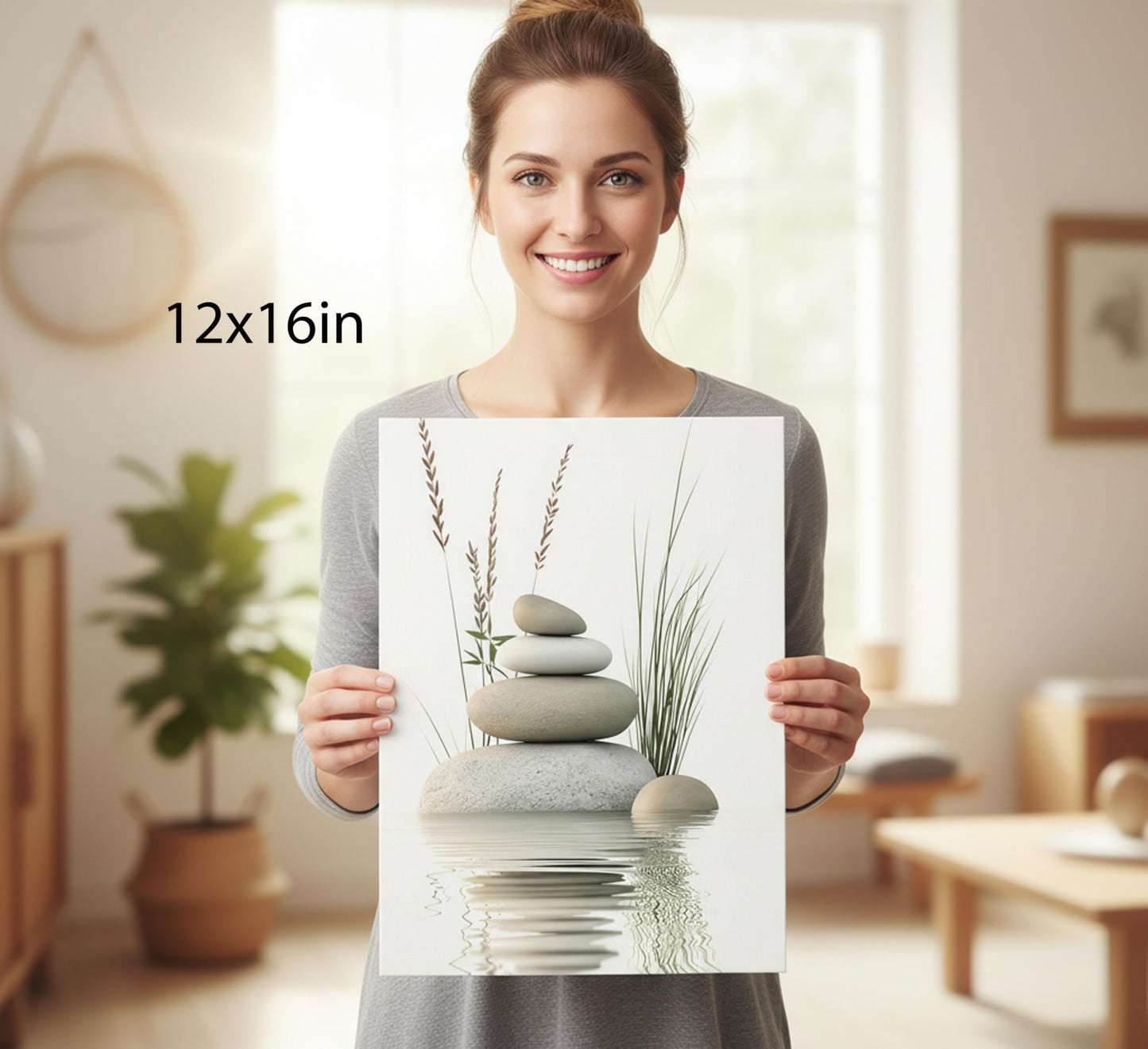 KBIERQN Zen Stone Canvas Wall Art Stacked Stones in Water Poster Print Tranquil Wild Grass Painting Picture for Spa Yoga Meditation Room Bathroom Wall Decor 12x16in Framed Ready to Hang