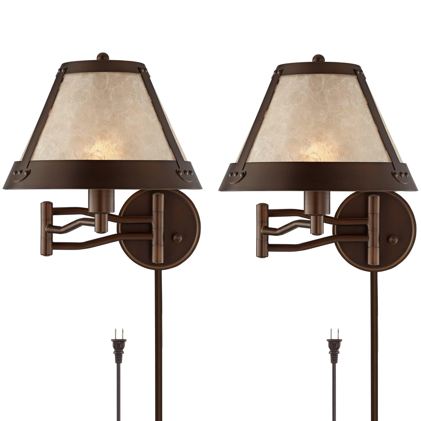 Franklin Iron Works Samuel Mica Shade Plug-in Swing Arm Wall Lamp with Cord Cover Set of 2
