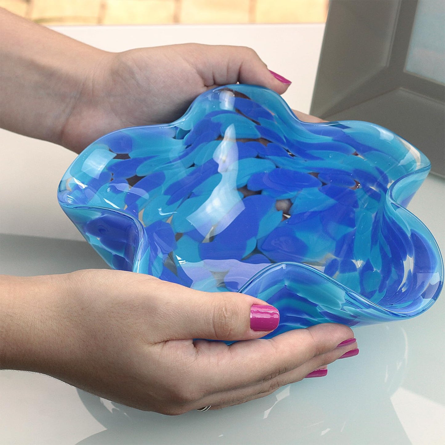 Ca D Oro Blue Glass Vase and Small Waved Bowl Confetti Effect Hand Blown Murano Style Art Glass for Flowers, Room Decoration and Centerpiece Bundle