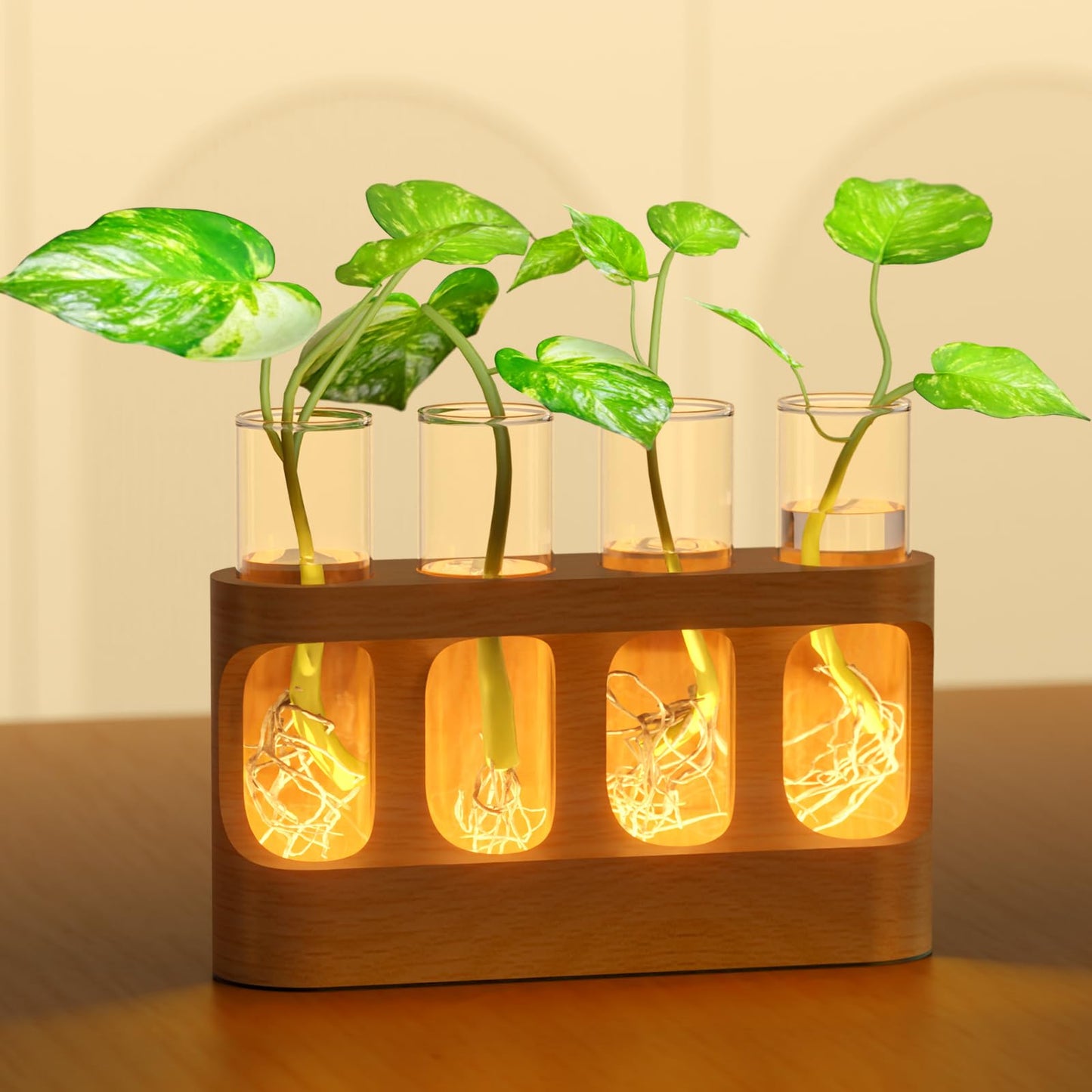 GIUNN Plant Propagation Station with 9-Speed Adjustable LED Lights, Wooden Stand, 4 Glass Test Tubes for Hydroponic Plants, Unique Gift for Plant Lovers