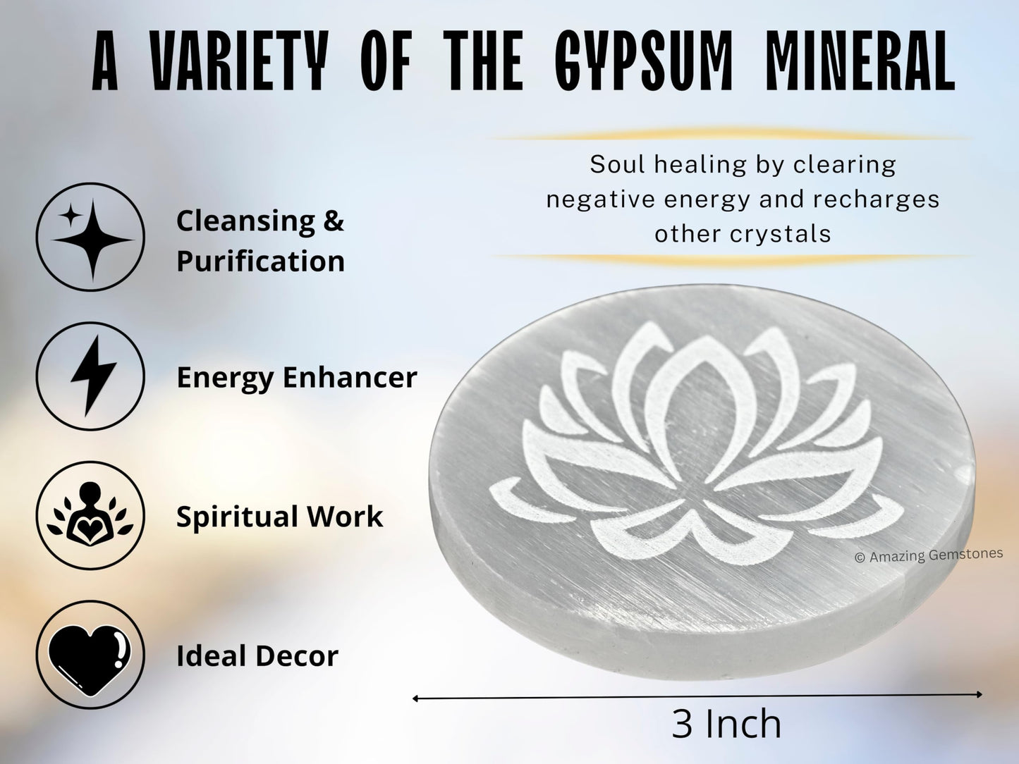Amazing Gemstone Selenite Crystal Charging Plate For Crystals And Healing Stones, 3" Selenite Crystal Plate Engraved Lotus Flower of Life Coaster For Home, Office Table Decor (Selenite Round Disc)