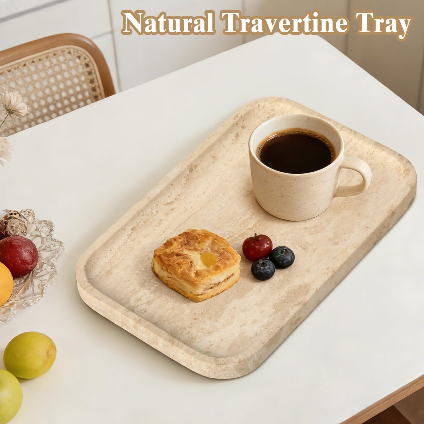Moujings Natural Travertine Vanity Tray - Decorative Stone Marble Tray for Bathroom Countertop, Elegant Organizer for Home Decor, Jewelry, Candle, Makeup, Kitchen and Dresser Decor