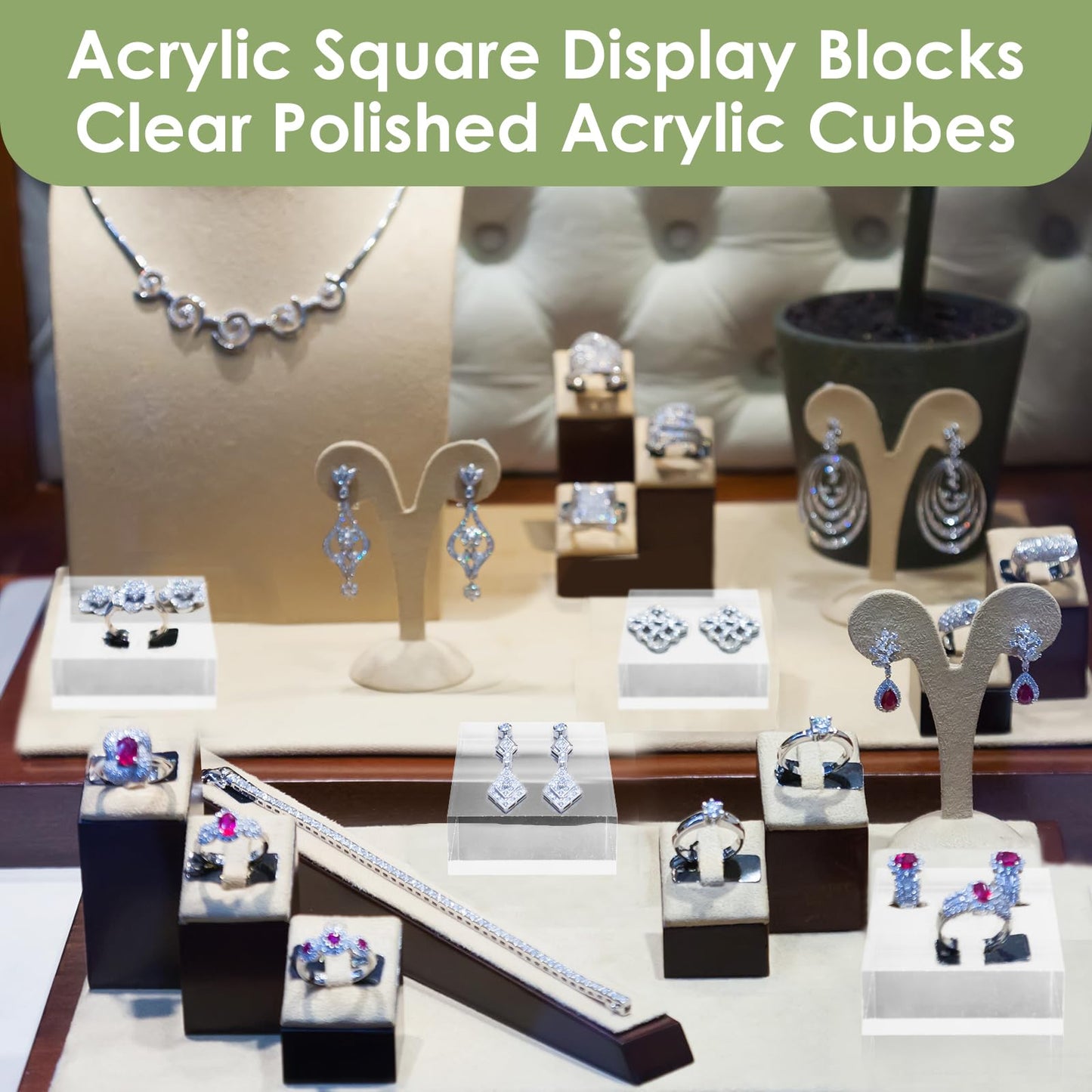 Remerry 4 Pieces 3 x 3 x 2 Acrylic Square Display Block Clear Polished Acrylic Cube Jewelry Stand Ring Showcase Display Holder Base