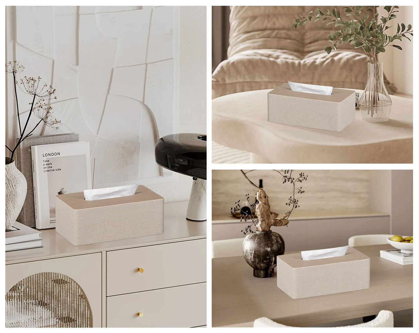 GOLRANLYE Tissue Box Cover Rectangular 9.8"(L) x 5.3"(W) x 4.3"(H) Refined Modern PU Leather Facial Tissue Dispenser Box Holder for Dresser Bathroom Decorative (Beige)