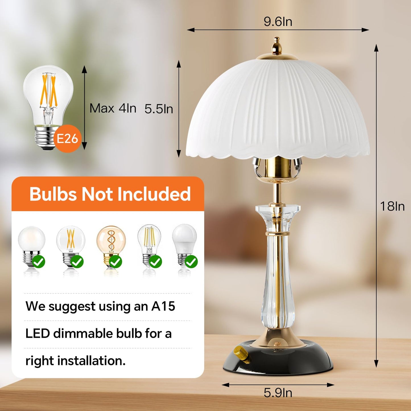Flashine Crystal Table Lamp,Dimmable Bedside Lamp with ON/Off Switch Modern Glass Lamps for Night Stands Bedroom Living Room Decor (1PACK)