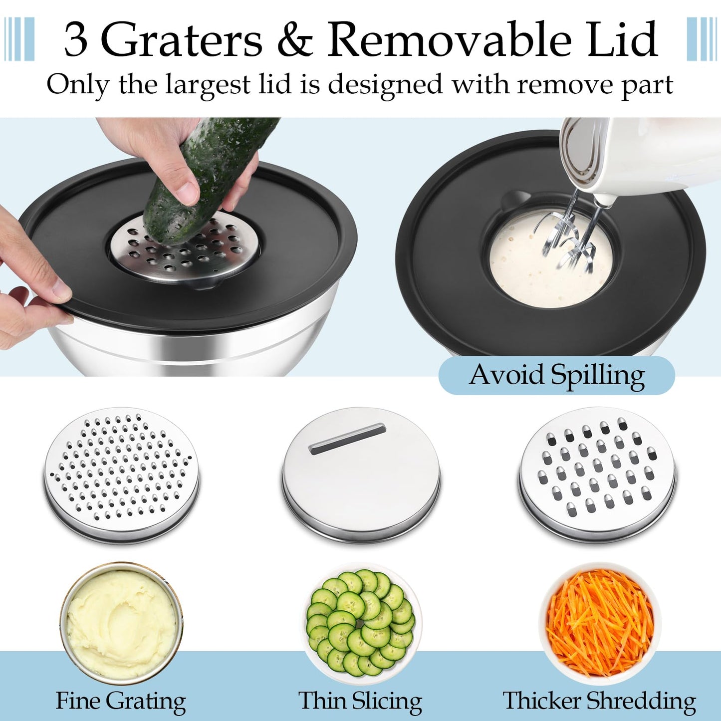 TeamFar Mixing Bowls, Stainless Steel Nesting Salad Bowls with Lids Set of 3 & 3 Grater Attachments, For Mixing/Serving/Storing, Non-toxic & Long-lasting, Size 4.6/3 / 1.5 QT, Black