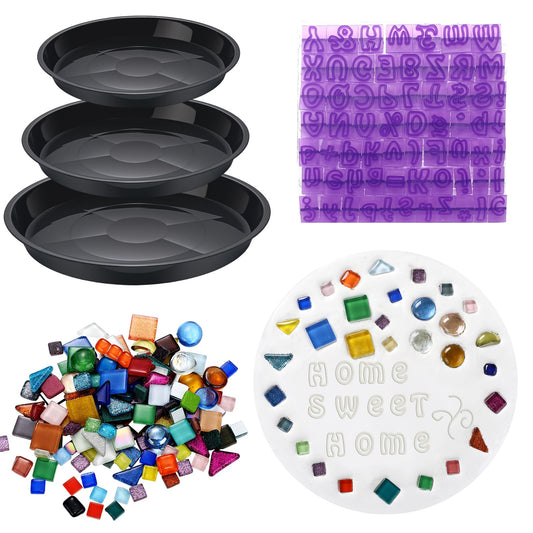 LOYIM 5 Pcs 3 Size Stepping Stone Kit for DIY Outdoor Garden Stepping Stone Includes Cement Molds Mosaic Tiles and Concrete Letter Stamps No Concrete Mix(Black)
