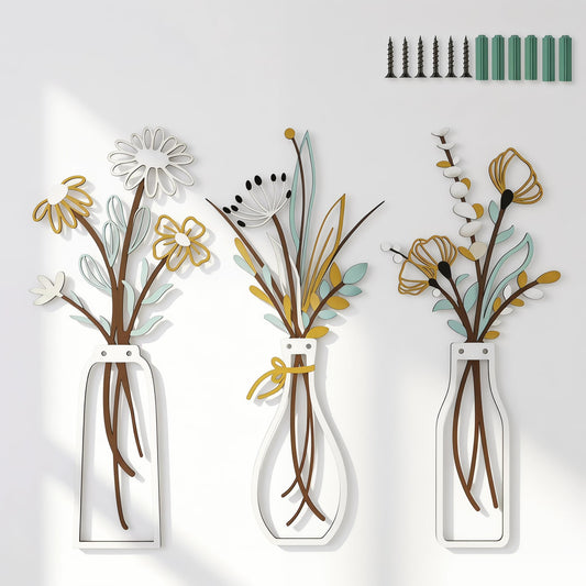 NCzhaozhao 3 Pieces White Metal Flower Vase Wall Art Sculptures | Minimalist Botanical Wall Decor for Living Room Bathroom Bedroom Kitchen Farmhouse Home Decor