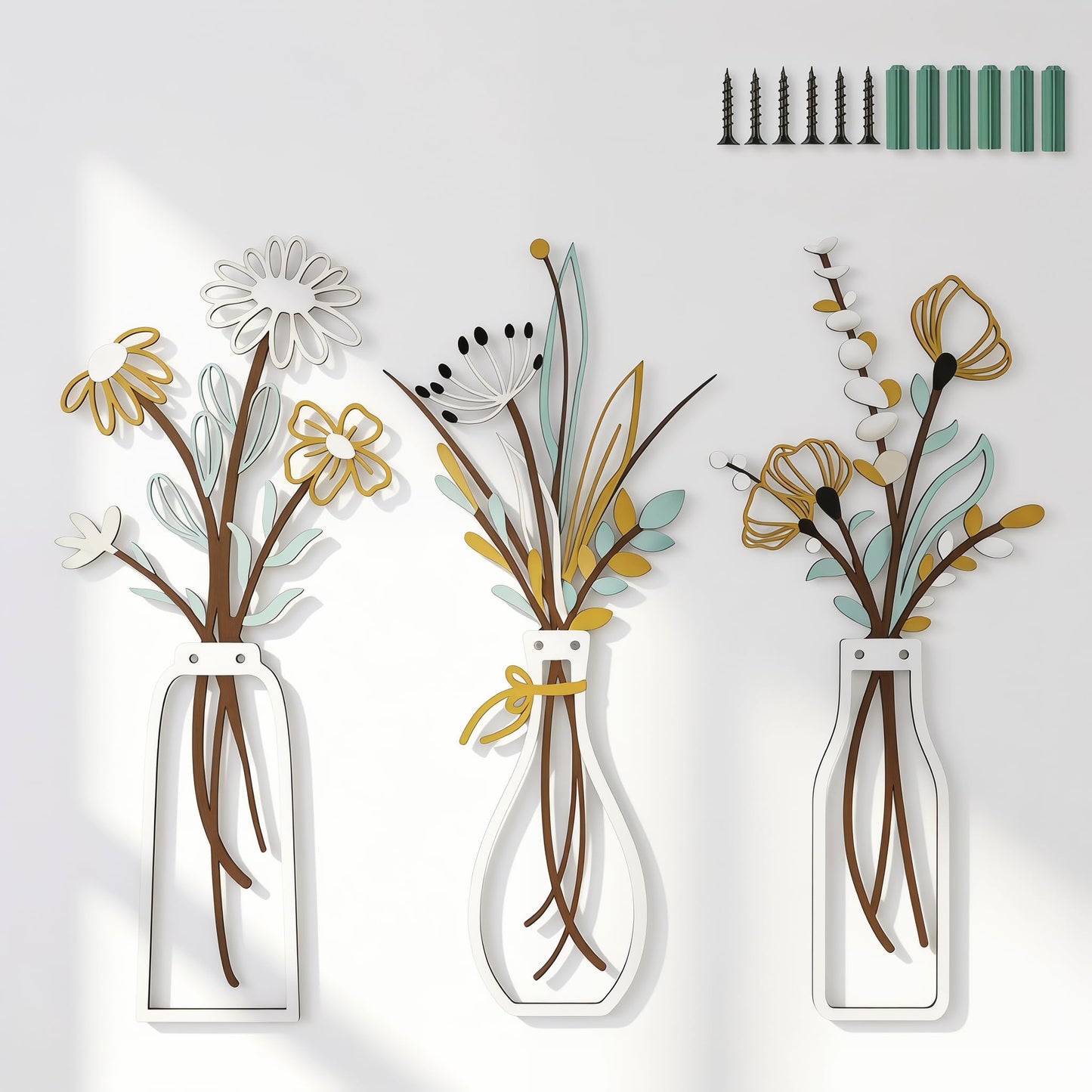 NCzhaozhao 3 Pieces White Metal Flower Vase Wall Art Sculptures | Minimalist Botanical Wall Decor for Living Room Bathroom Bedroom Kitchen Farmhouse Home Decor