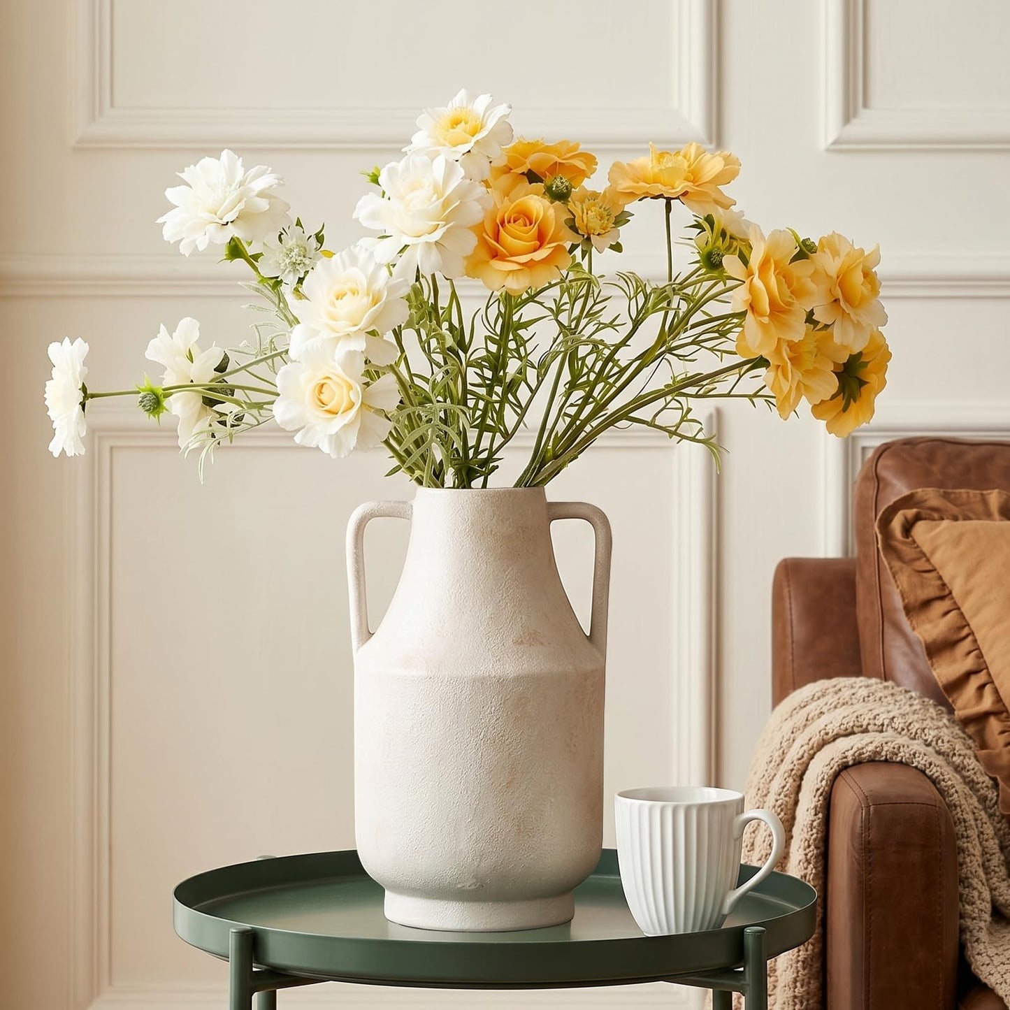 Ceramic Flower Vase with Handles, 11in Large Farmhouse Table Terracotta Vases, Waterproof Flower Pottery Vases for Home Decor, Living Room,Table, Handcrafted (Off-White)