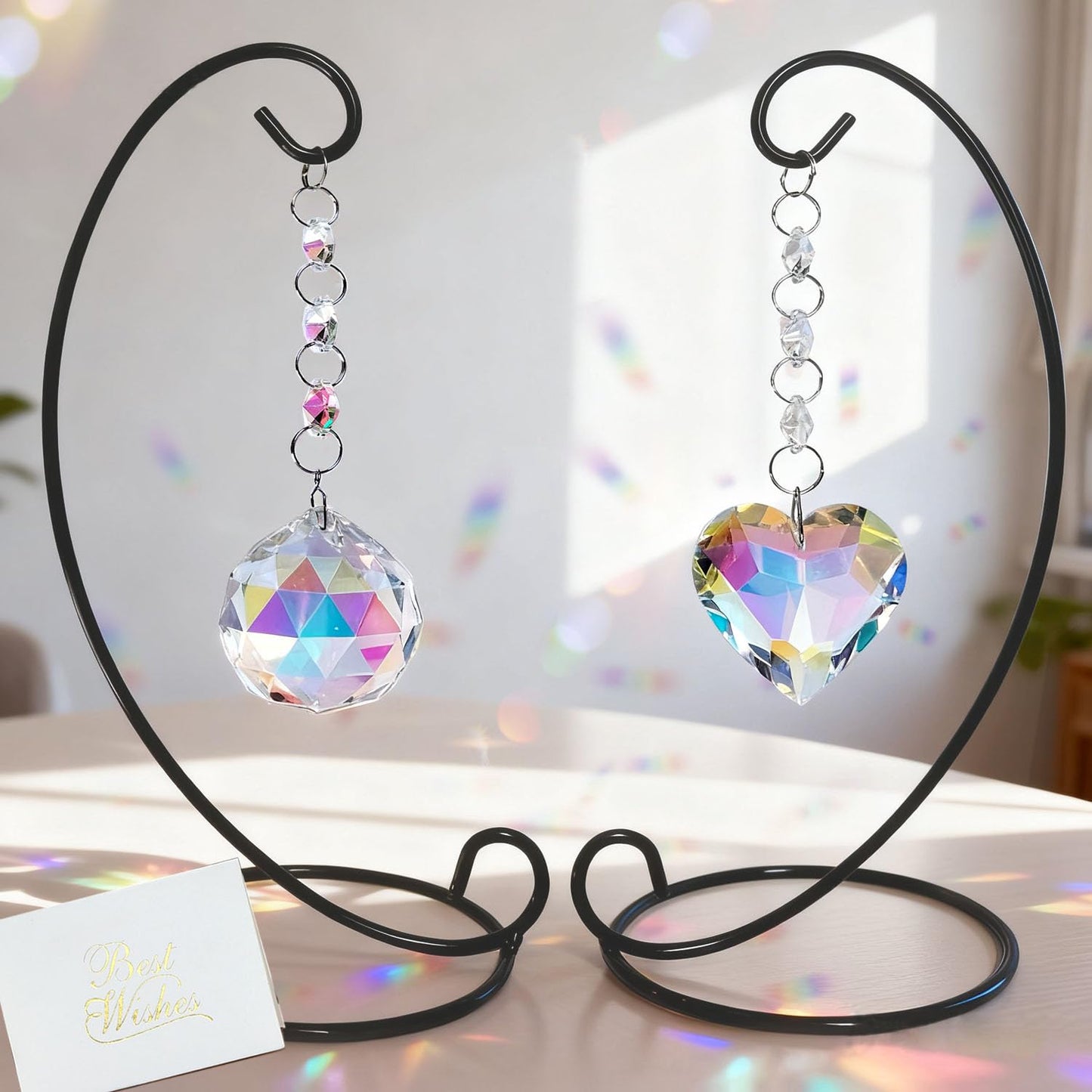 QuarenDen Tabletop Memorial Gifts, Ornament Display Stand With 40mm Crystal Ball and 45mm Heart Suncatcher Hanging, Crystal Ornament Rainbow Maker, Memorial Grief Bereavement Gifts